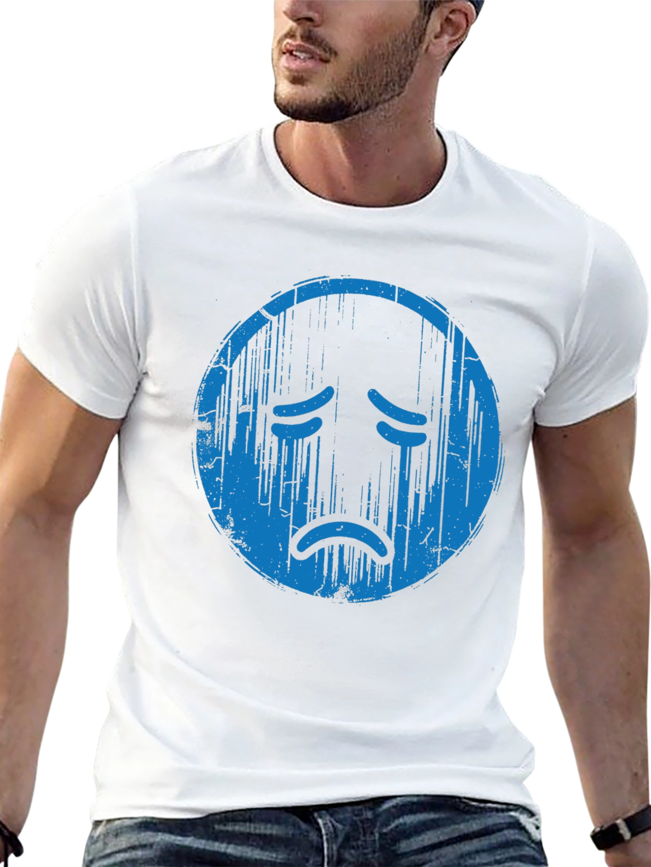 Distressed Sad Face Graphic Tee - Soft Cotton Blend