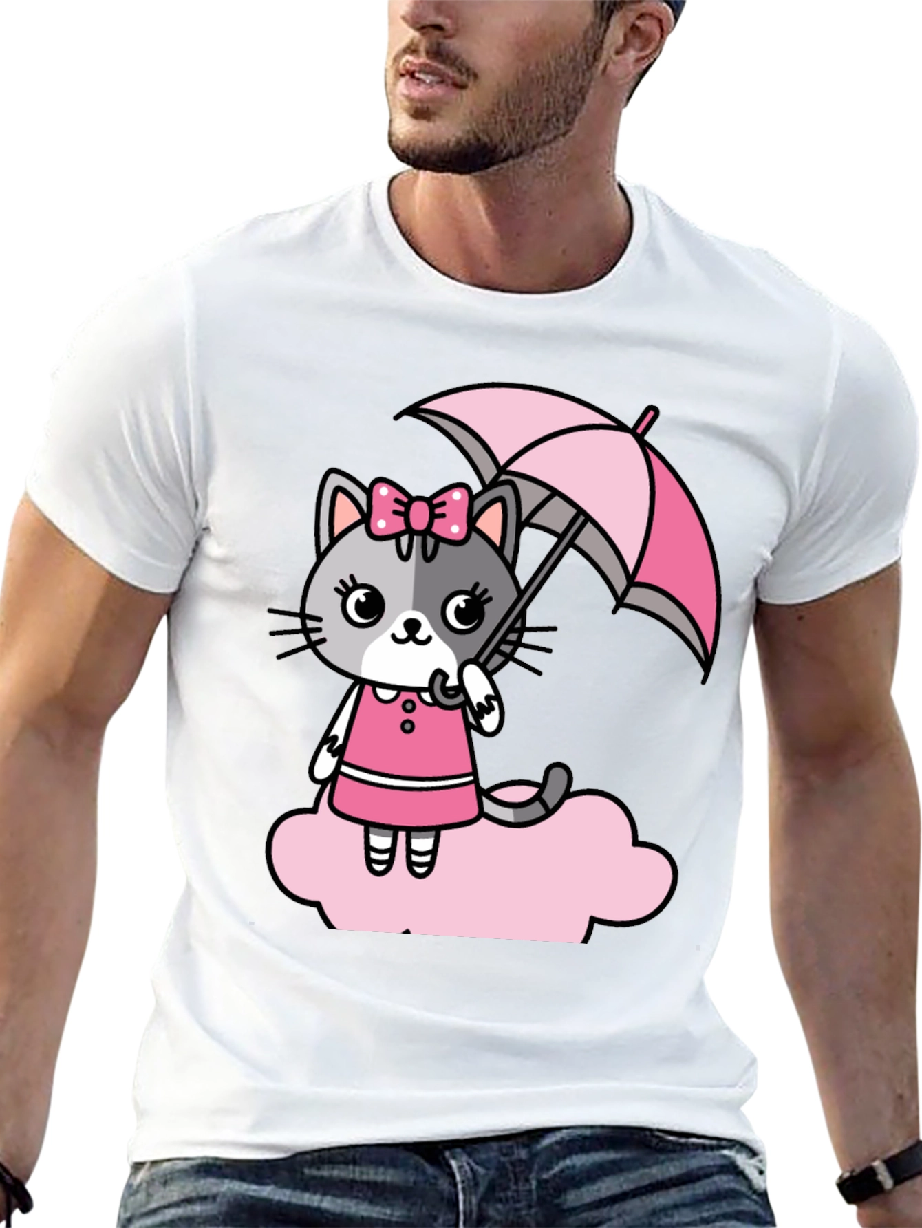 Cute Cat With Umbrella Graphic T-Shirt