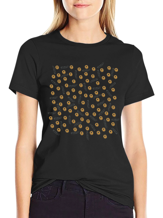 Halloween Donut Pattern Tee - Black Cotton Casual T-Shirt