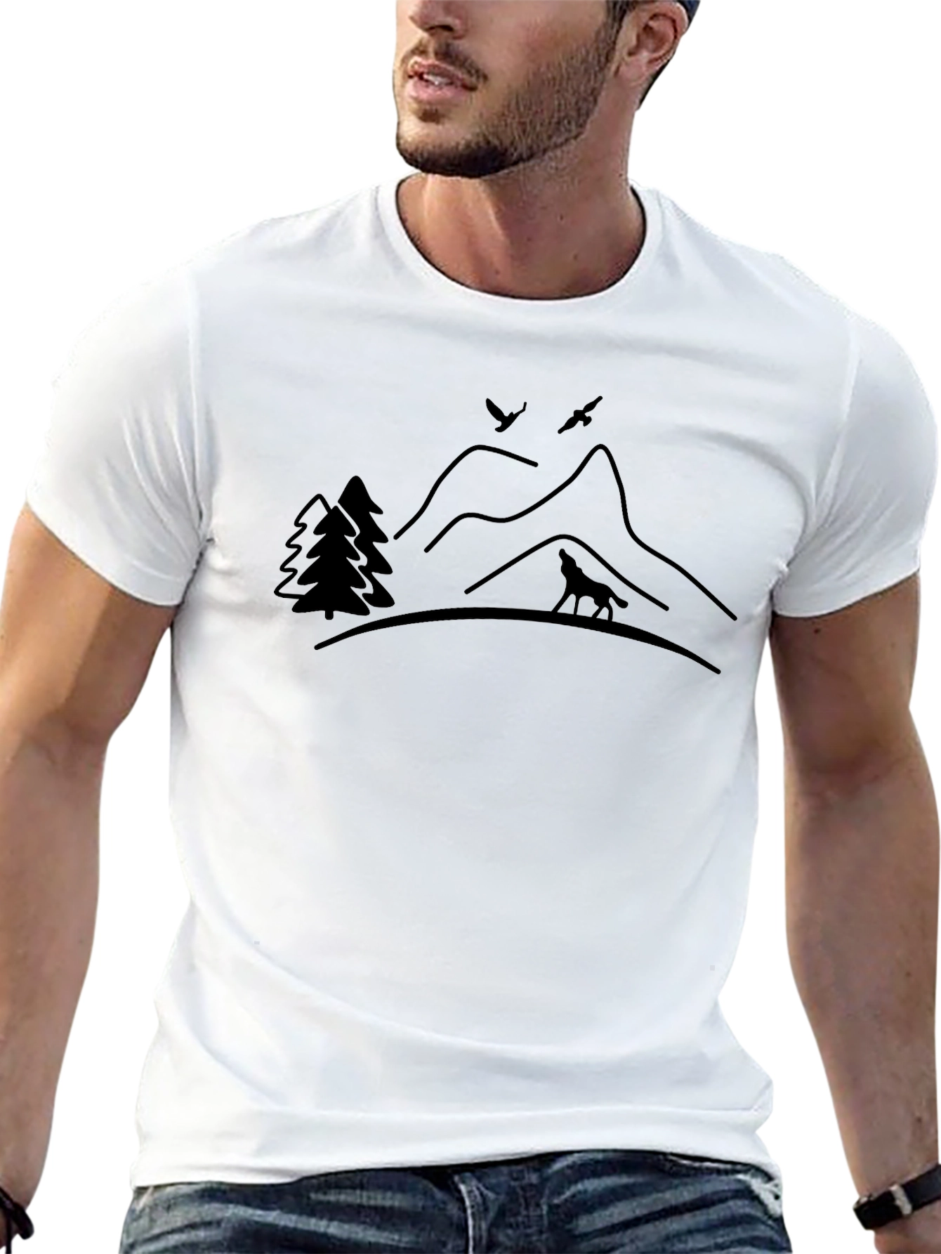 Nature Scene Graphic Tee - Wolf Mountains and Trees