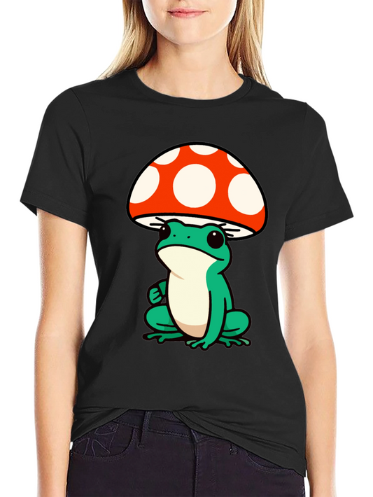 Frog Mushroom Graphic Tee - Black Cotton T-Shirt