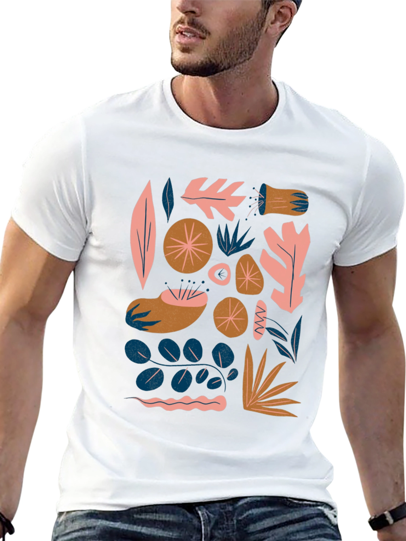 Modern Abstract Botanical Print Black T-Shirt