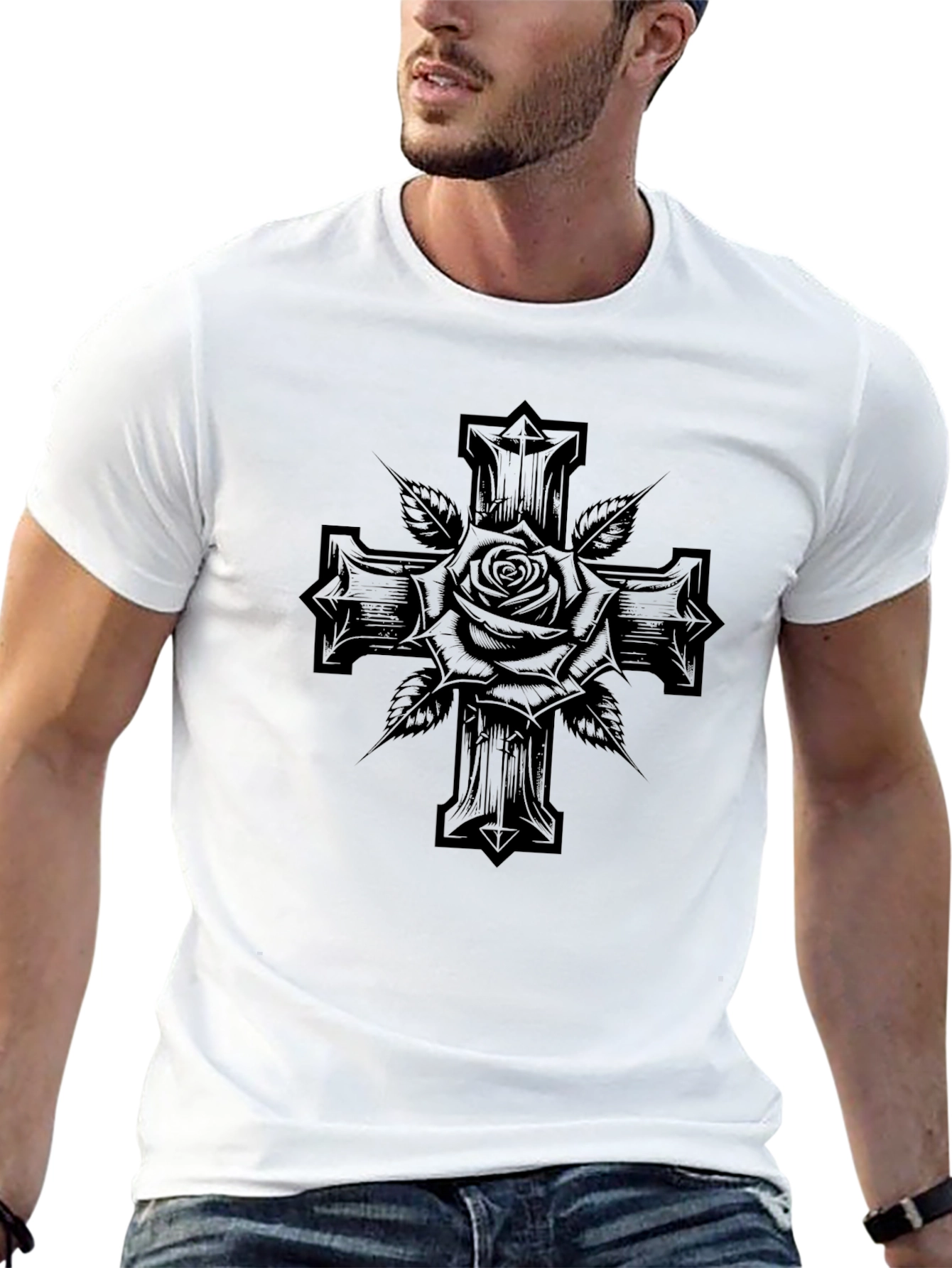 Rose & Cross Graphic Black T-Shirt