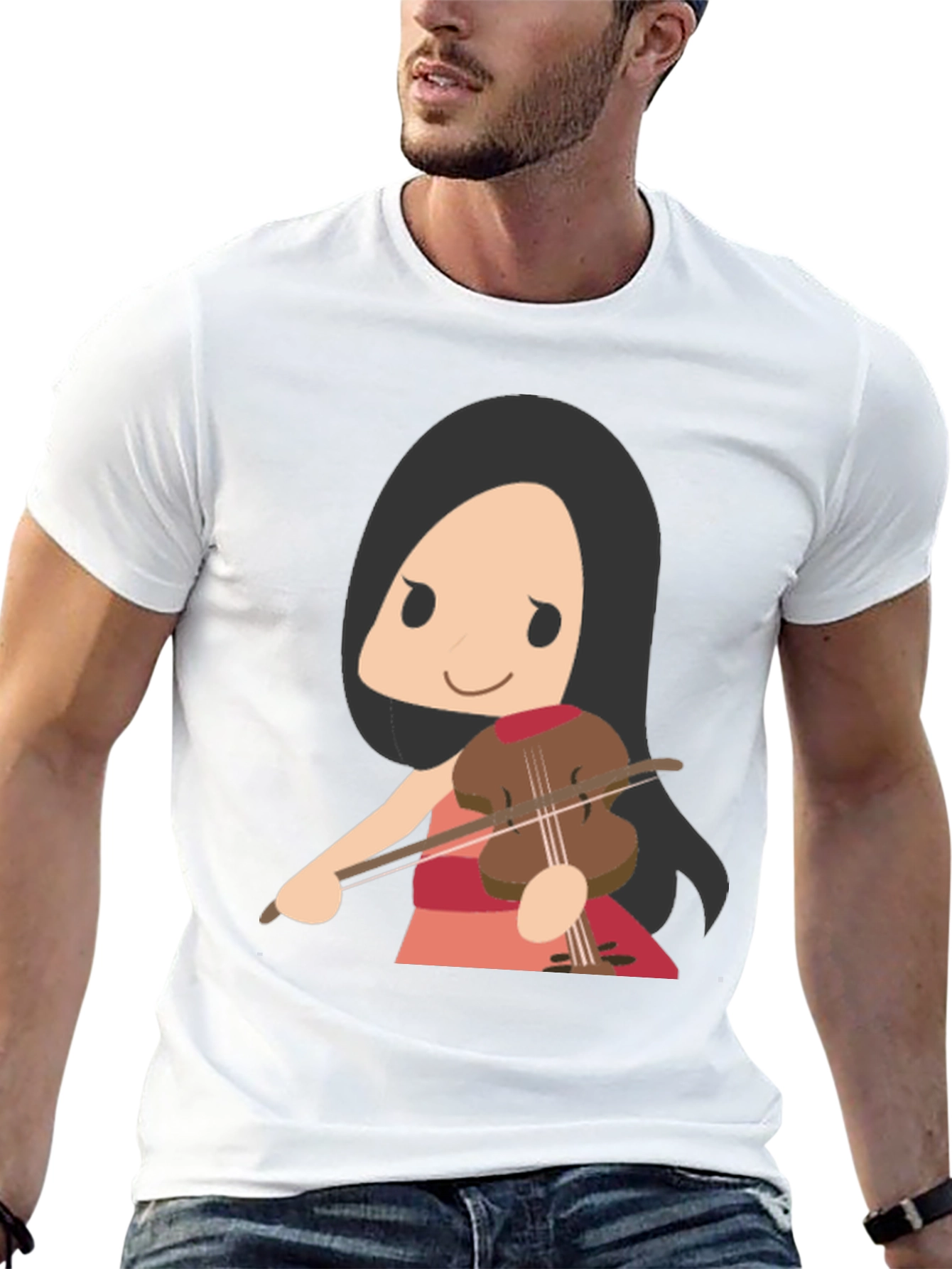 Cartoon Violinist Graphic T-Shirt - Black Cotton Tee