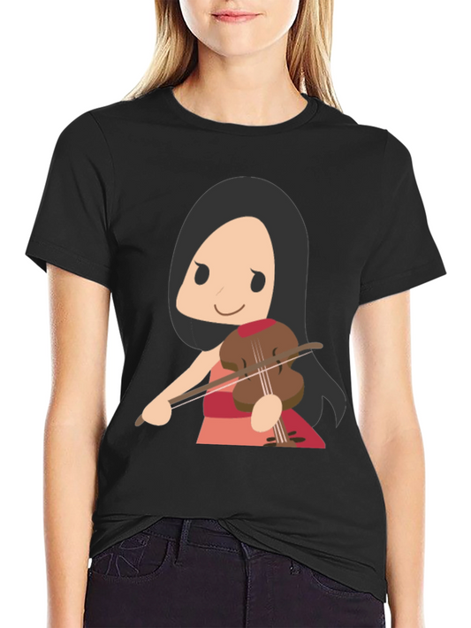 Cartoon Violinist Graphic T-Shirt - Black Cotton Tee