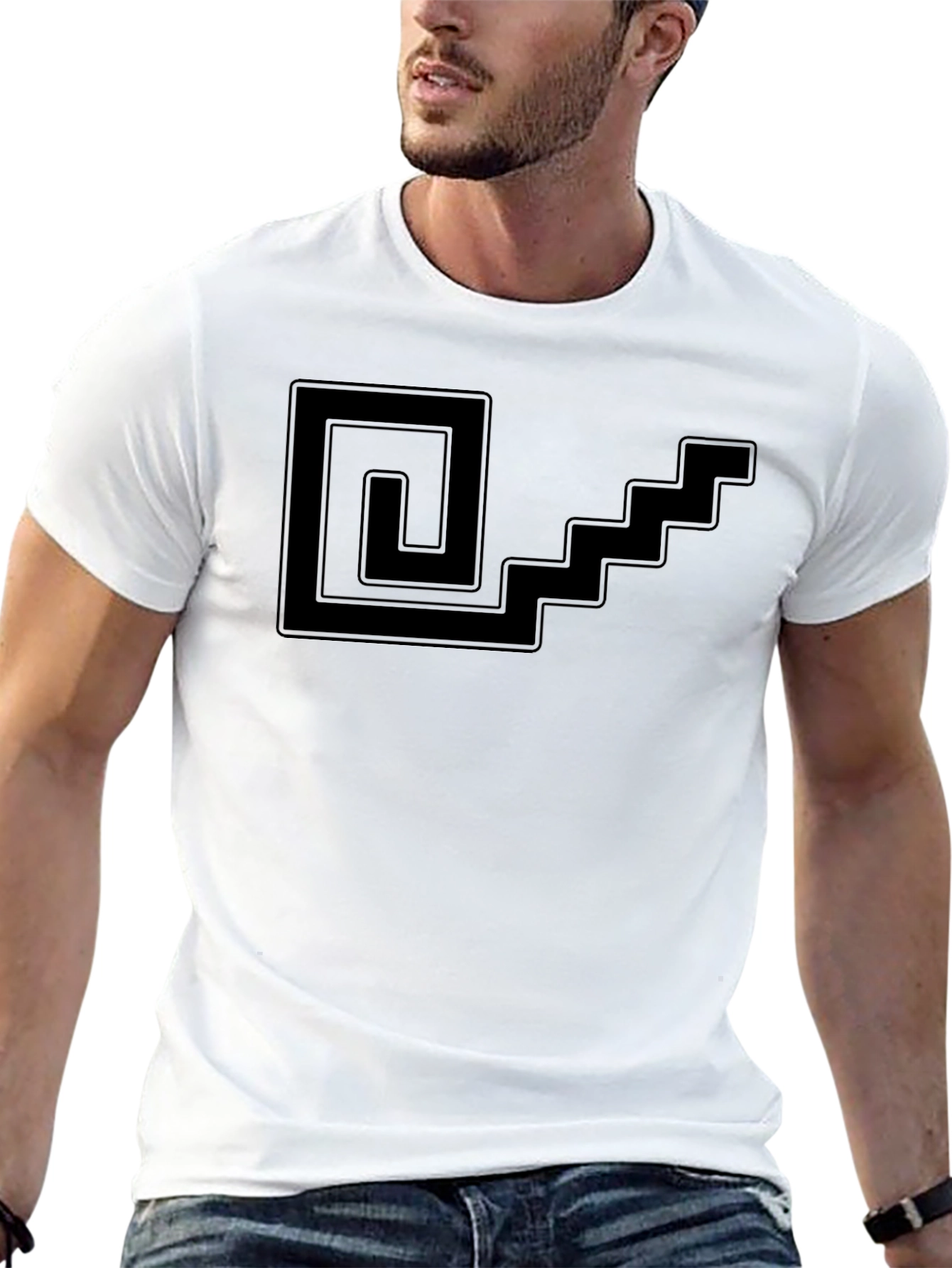 Geometric Spiral & Stairs Graphic Tee - Black