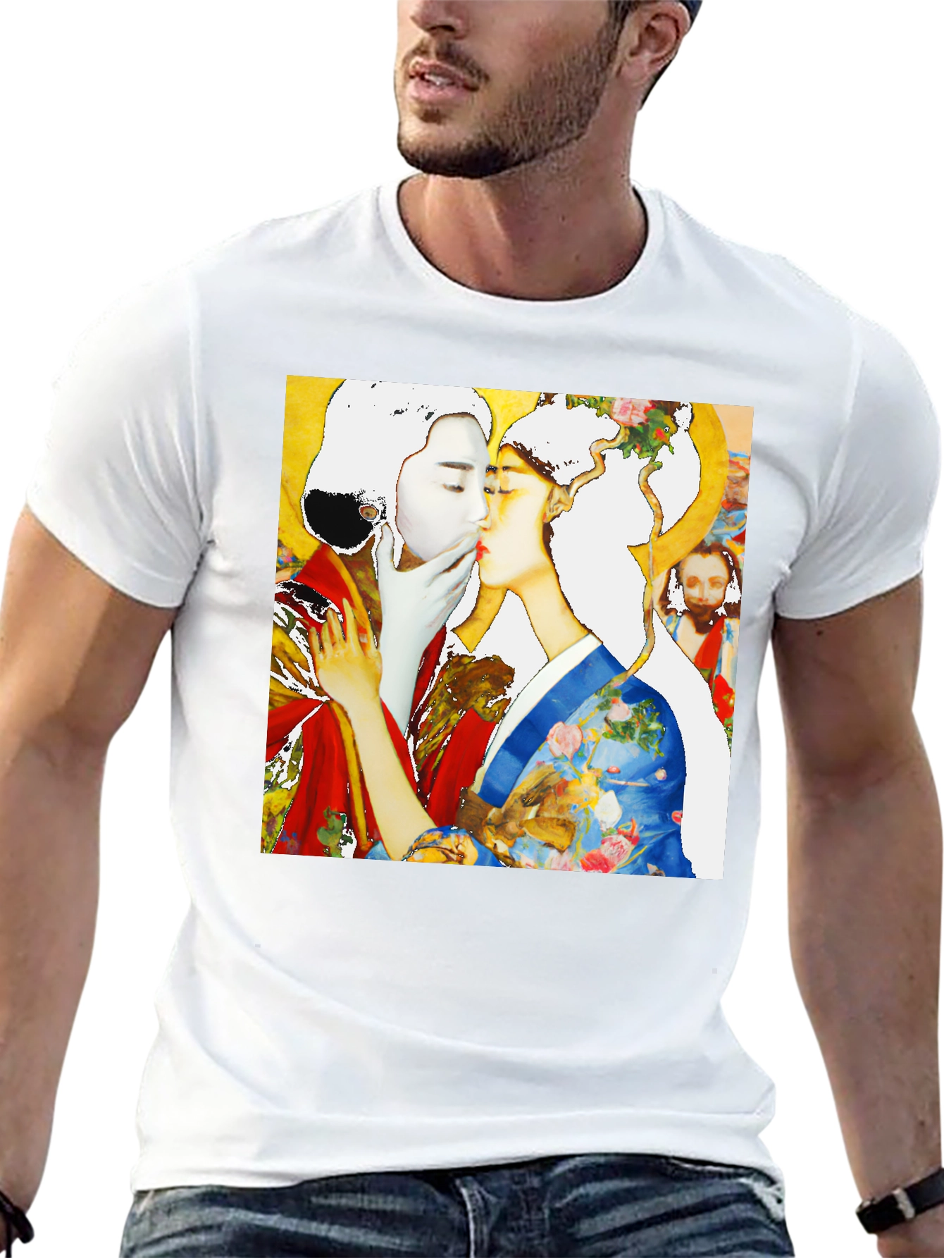 Geisha Kiss Graphic Tee - Unique Art T-Shirt