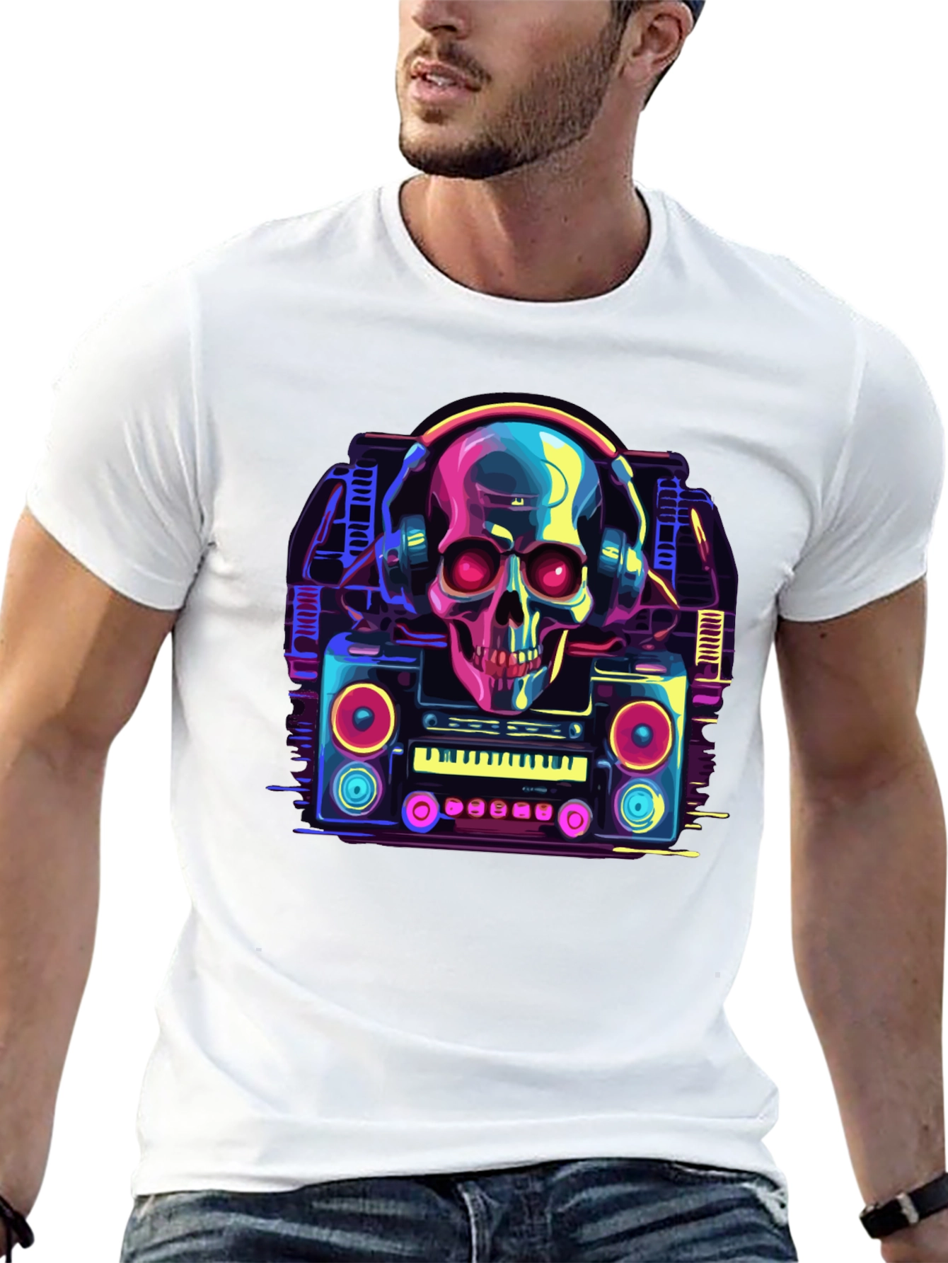 Skull Boombox Graphic Tee - Retro Music Style