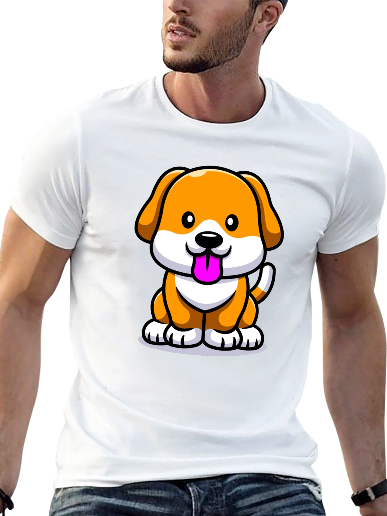 Cartoon Dog Graphic Tee - Black Cotton Blend
