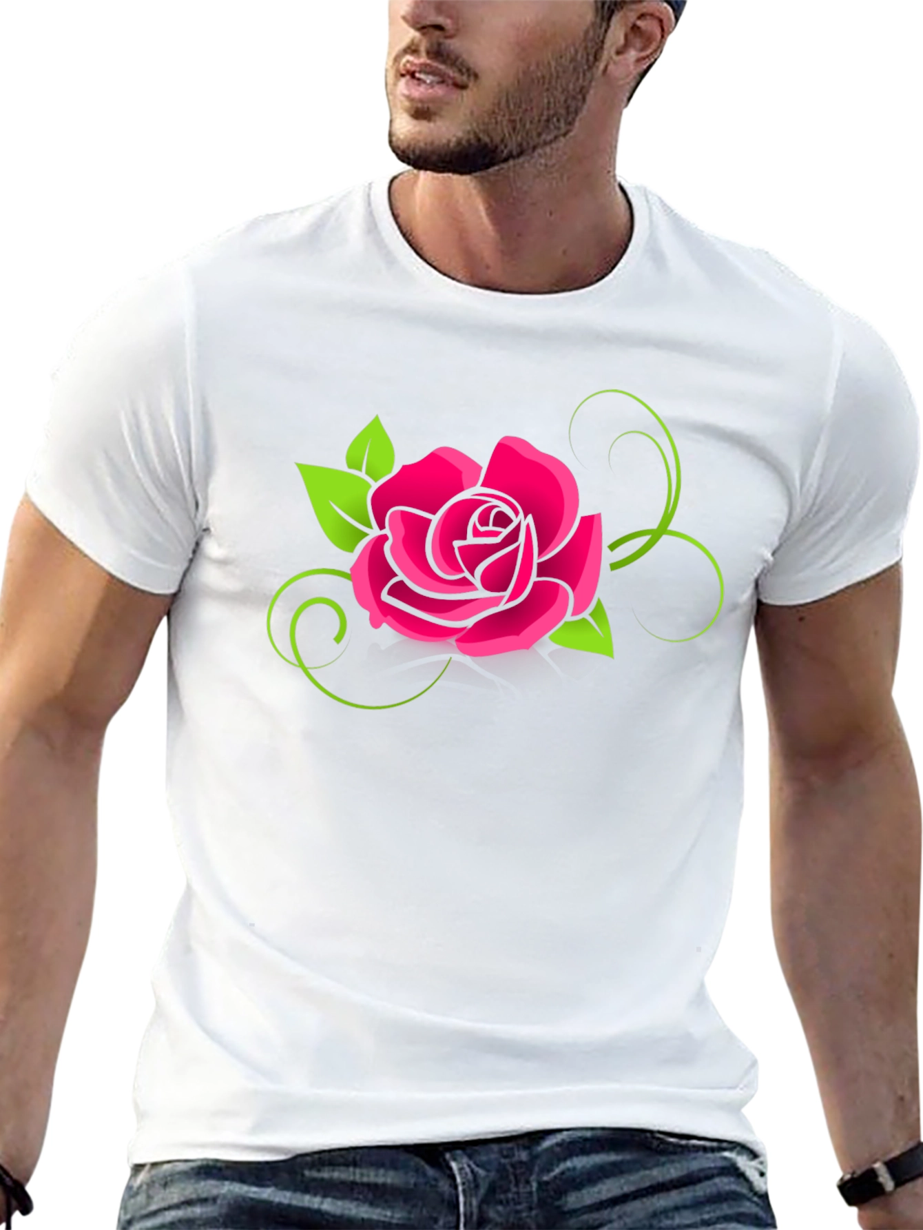 Black T-Shirt with Bold Pink Rose Design