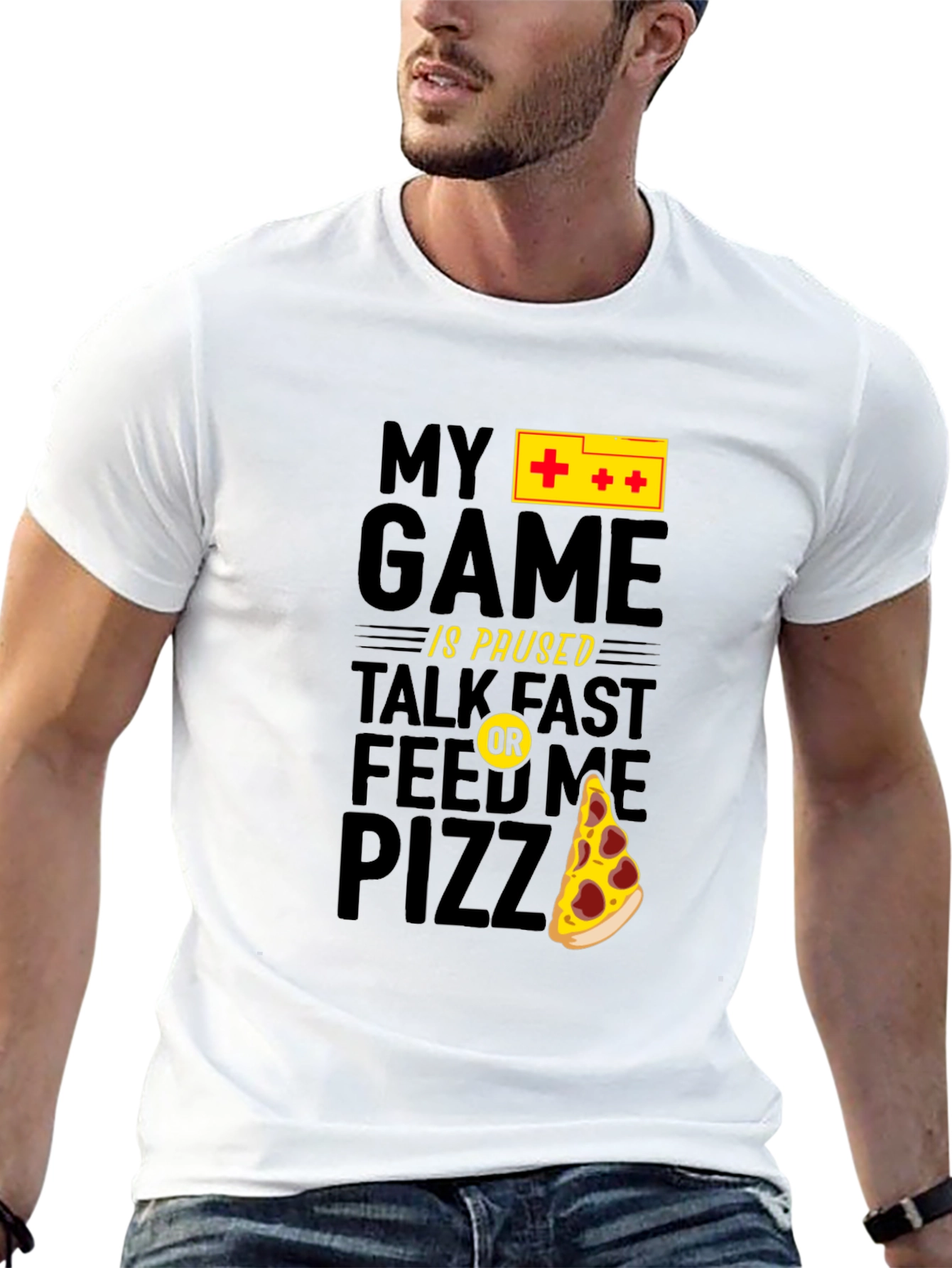 My Game is Paused Pizza Gamer Black Graphic Tee