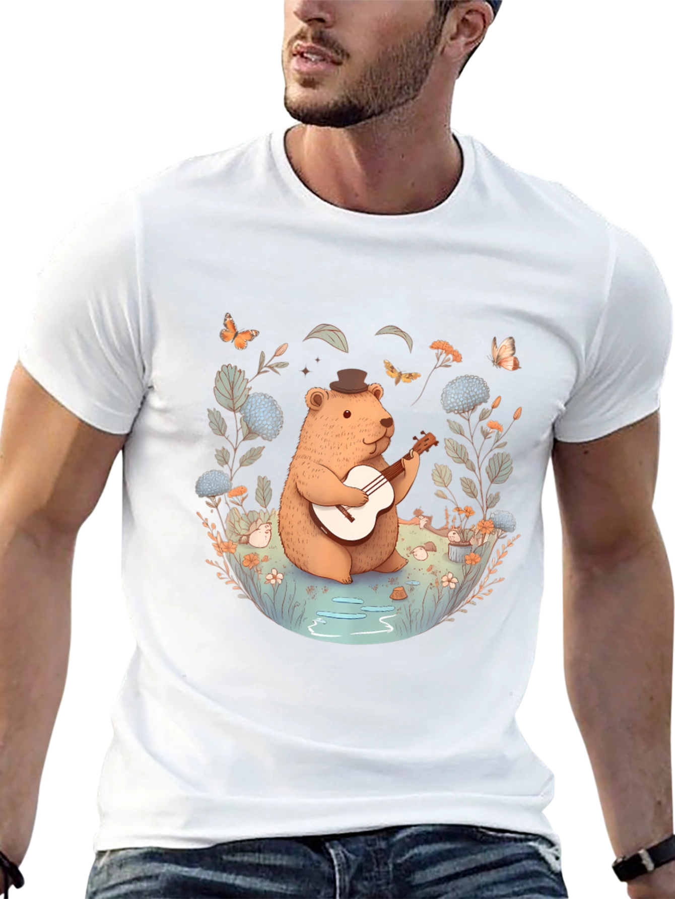 Bear Playing Guitar Graphic Tee - Black