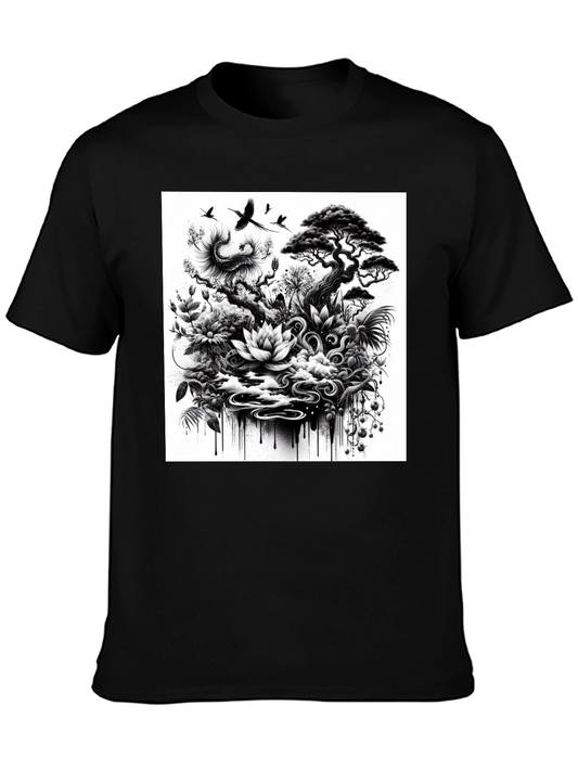 Black T-Shirt with Botanical Art