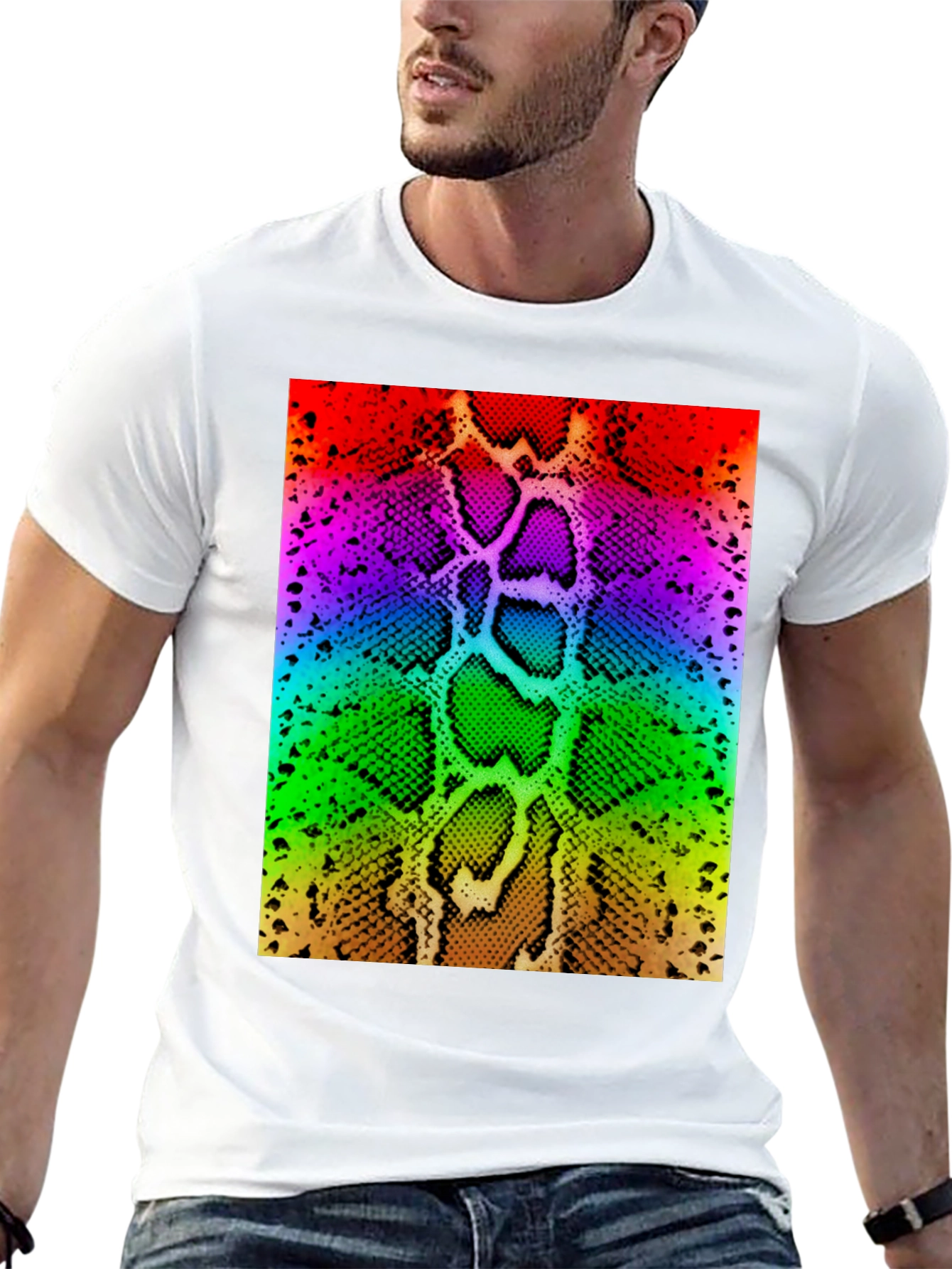 Rainbow Snake Skin Print Black T-Shirt