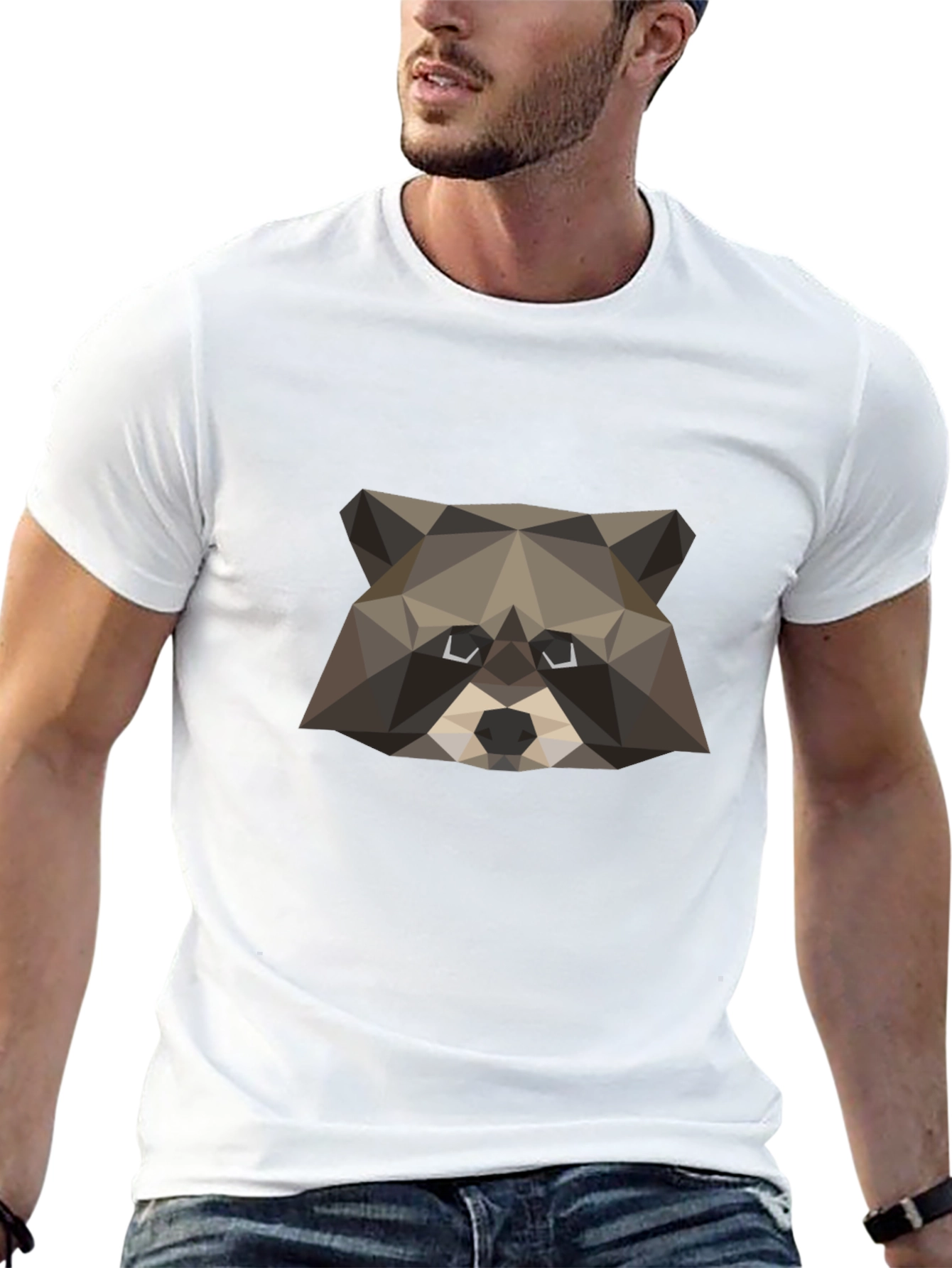 Geometric Raccoon Graphic Tee - Black Crew Neck