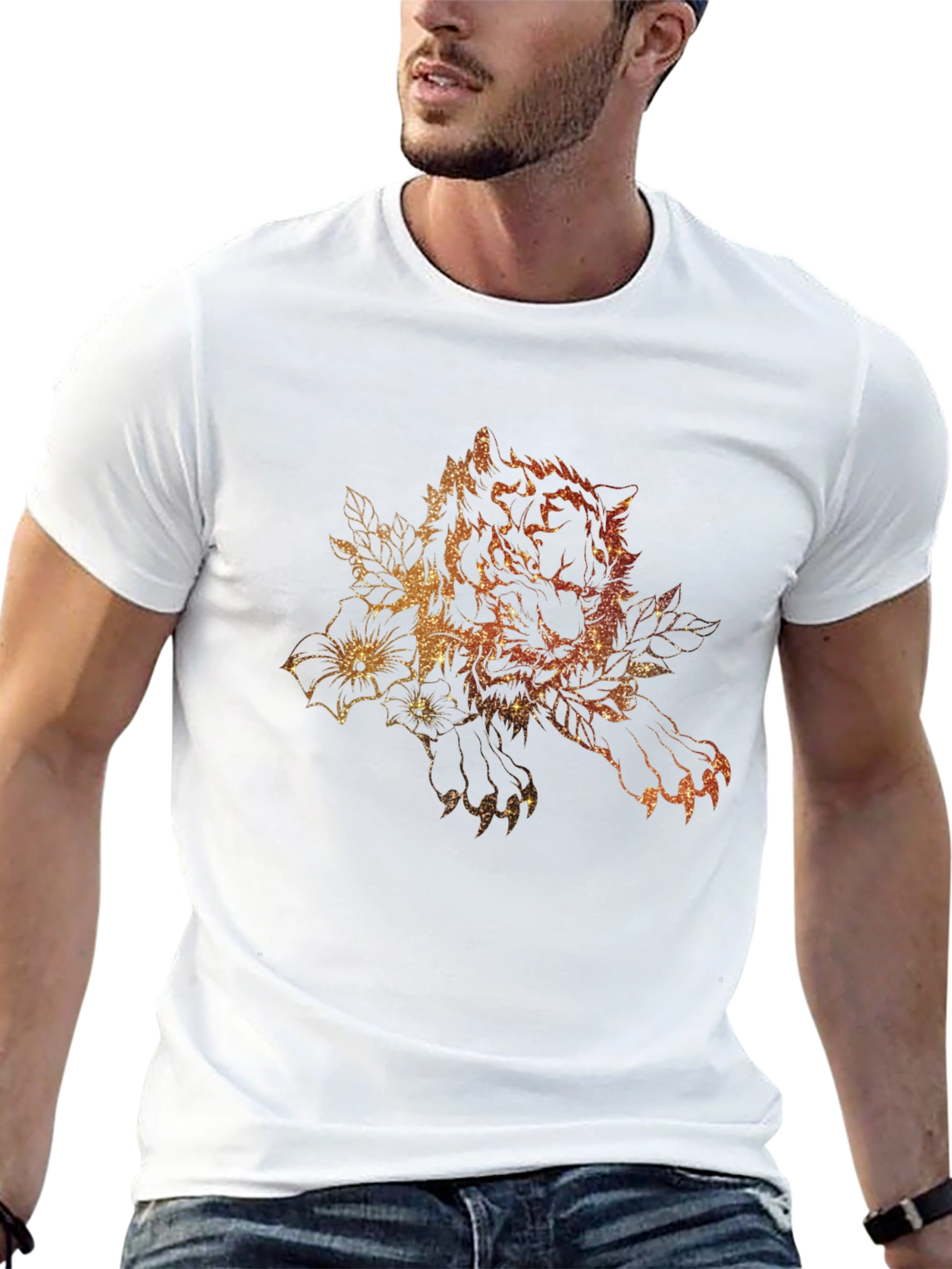 Tiger Floral Print Black Graphic Tee