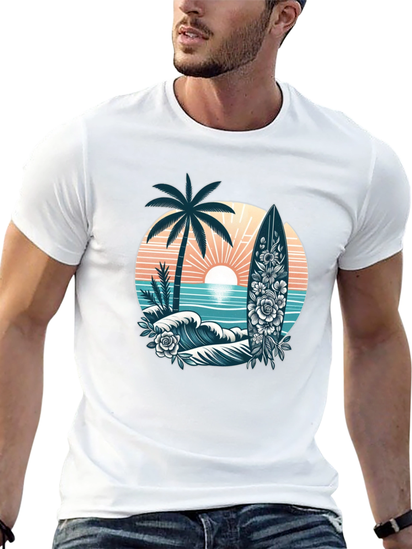 Tropical Surf T-Shirt: Palm Tree Waves Floral Surfboard