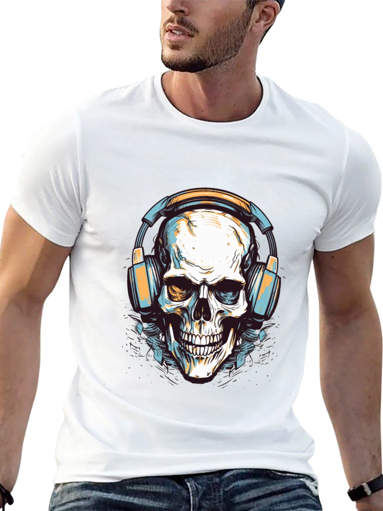 Skull with Headphones Graphic Tee - Cool Black T-Shirt