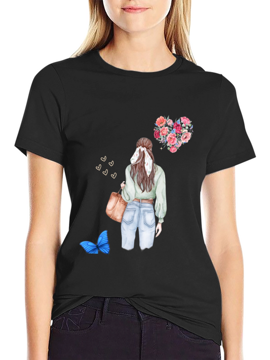 Stylish Graphic T-Shirt - Floral Heart & Girl Design