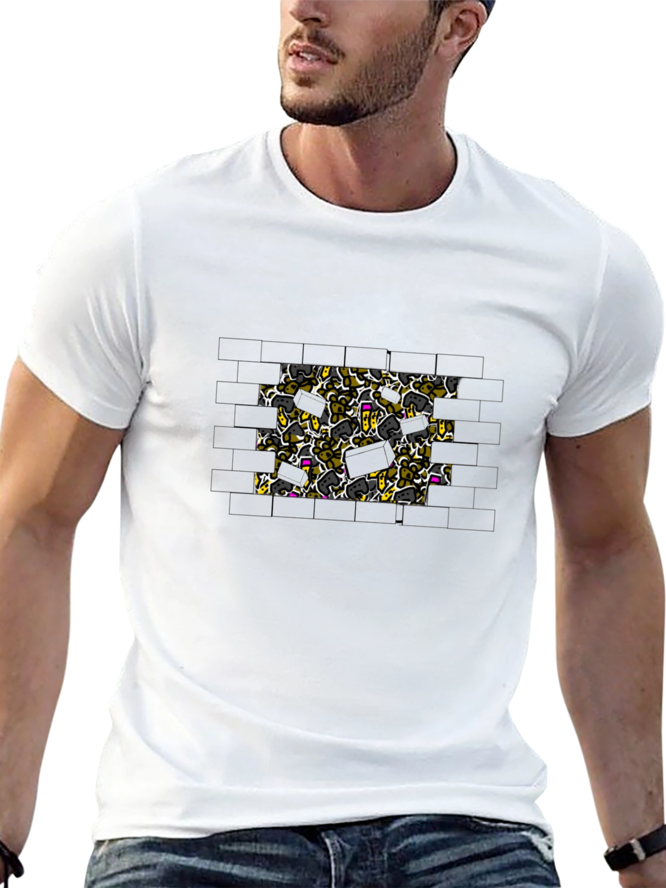 Brick Wall Doodle Print Black T-Shirt