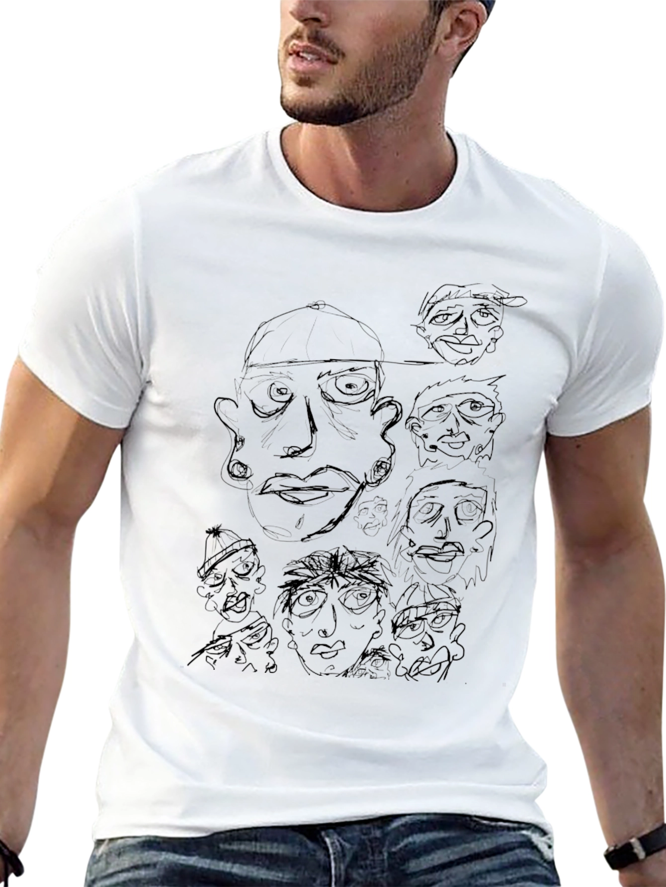 Unique Line Art Graphic Print Black T-Shirt