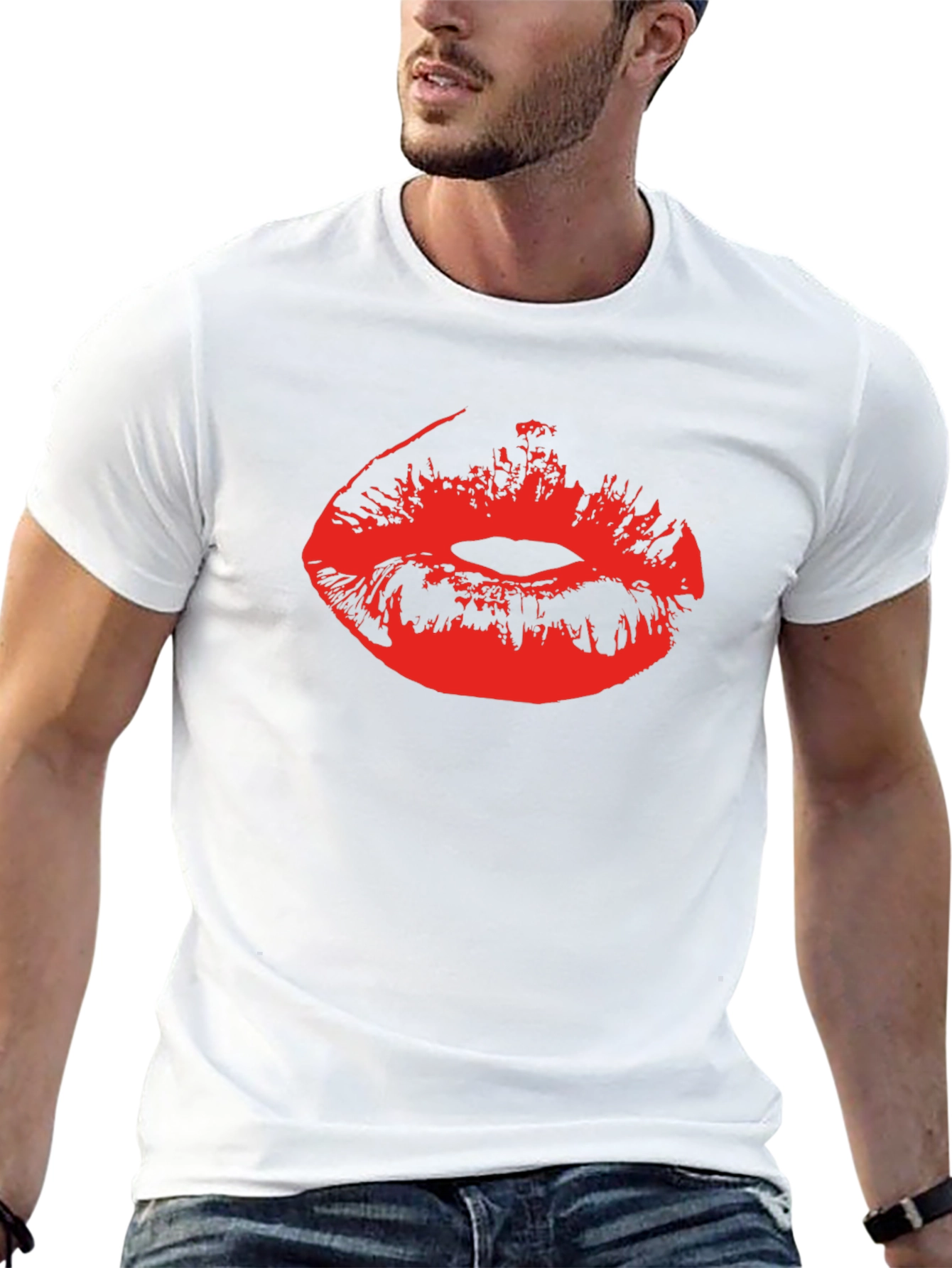 Red Lips Print Black Cotton T-Shirt