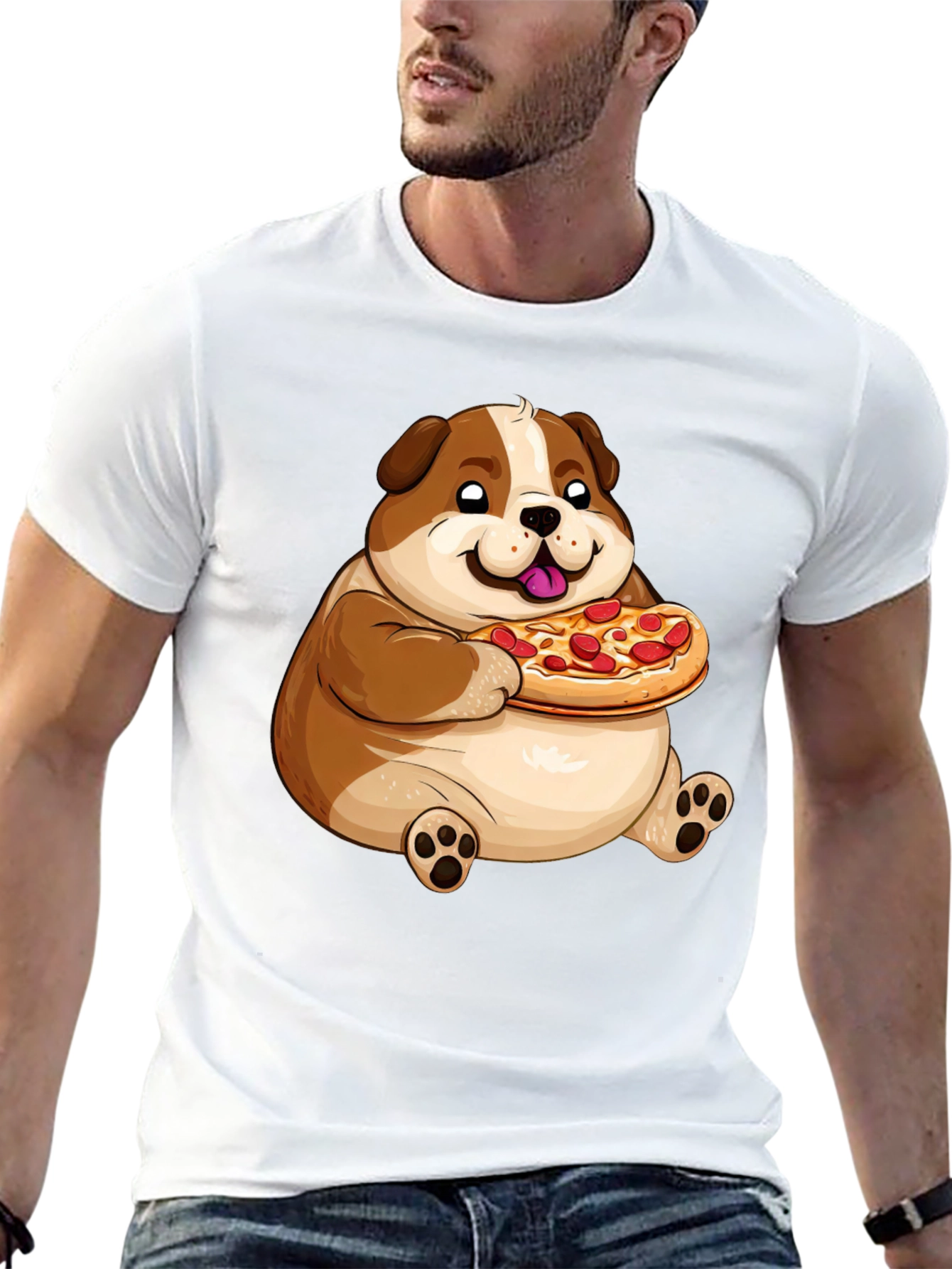 Cartoon Dog Eating Pizza Graphic T-Shirt