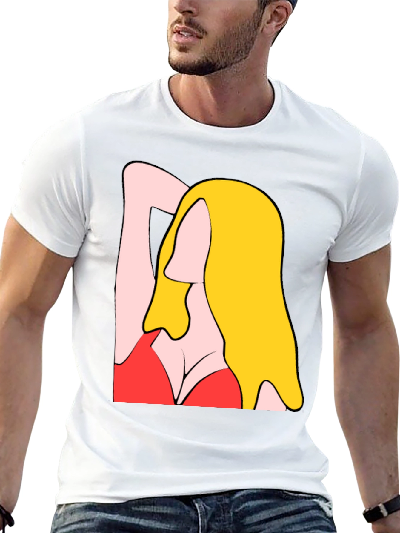 Cartoon Woman Graphic Tee - Black Cotton T-Shirt