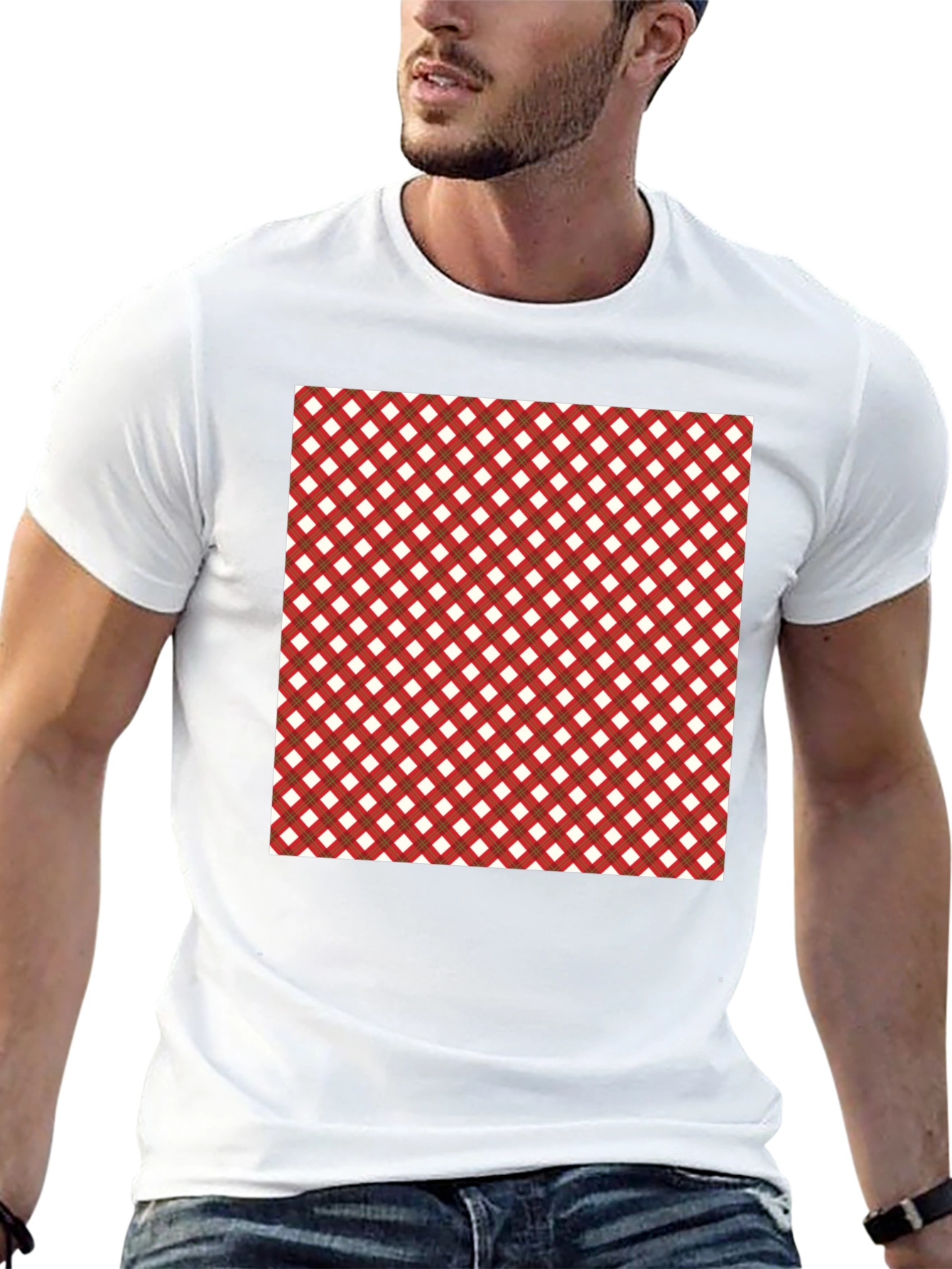Stylish Black Tee with Red & White Checkered Design