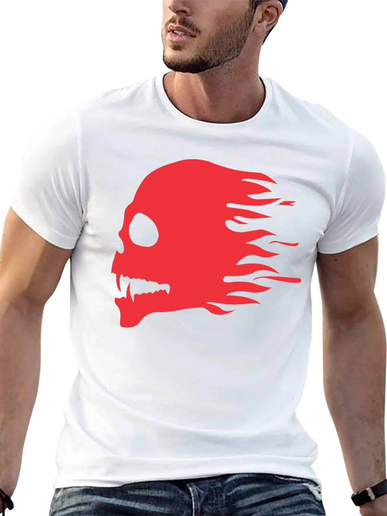 Black T-Shirt with Red Flaming Skull Graphic