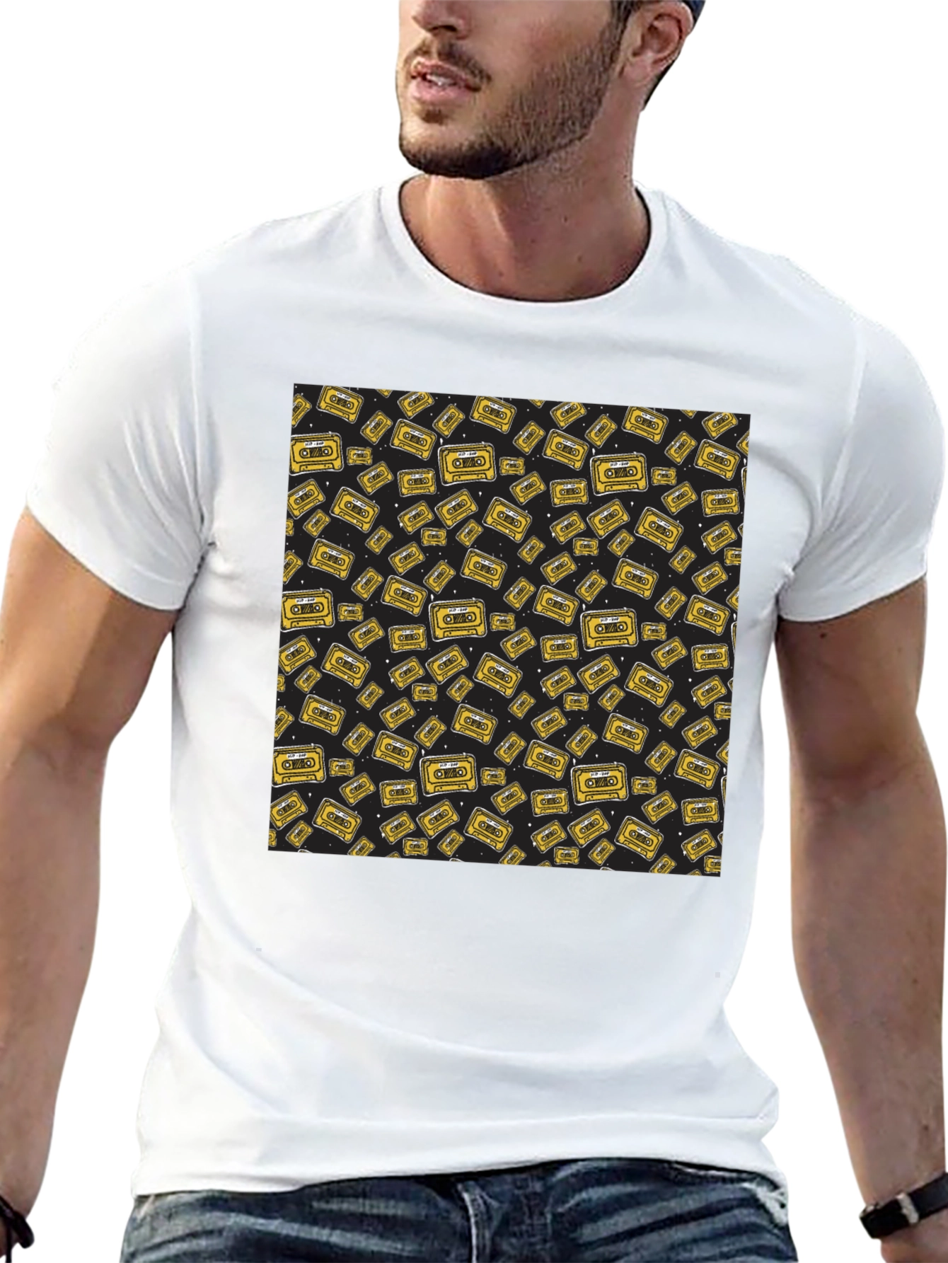 Retro Cassette Tape Pattern Black T-Shirt