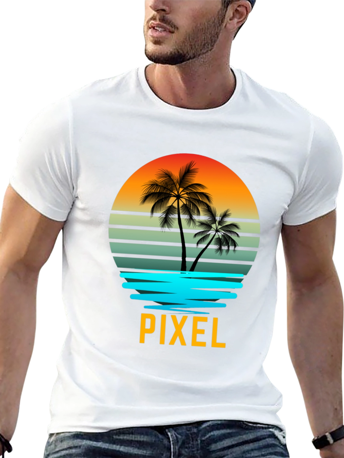 Pixel Sunset Palm Tree Graphic T-Shirt