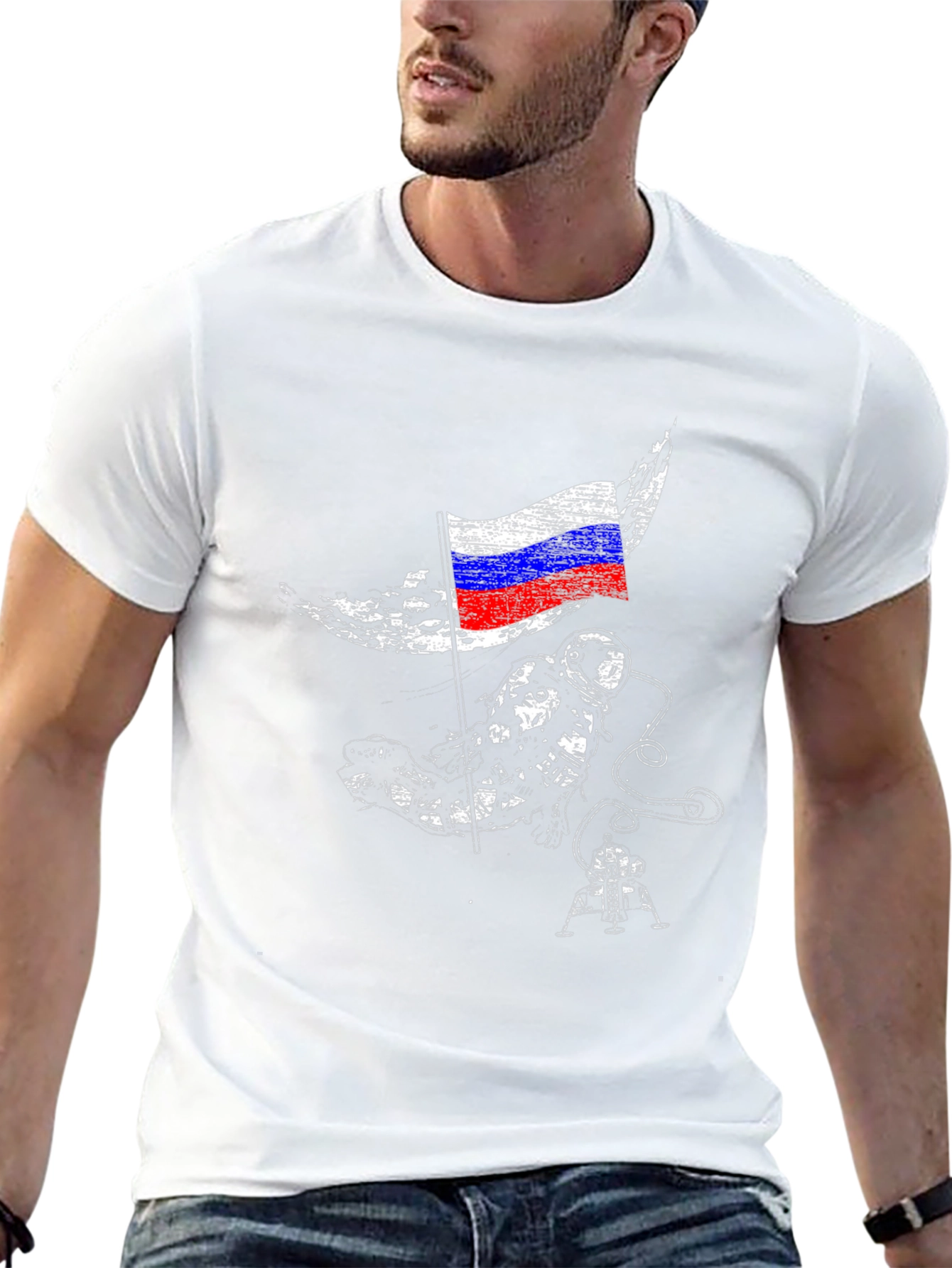 Astronaut & Russian Flag Graphic Black T-Shirt