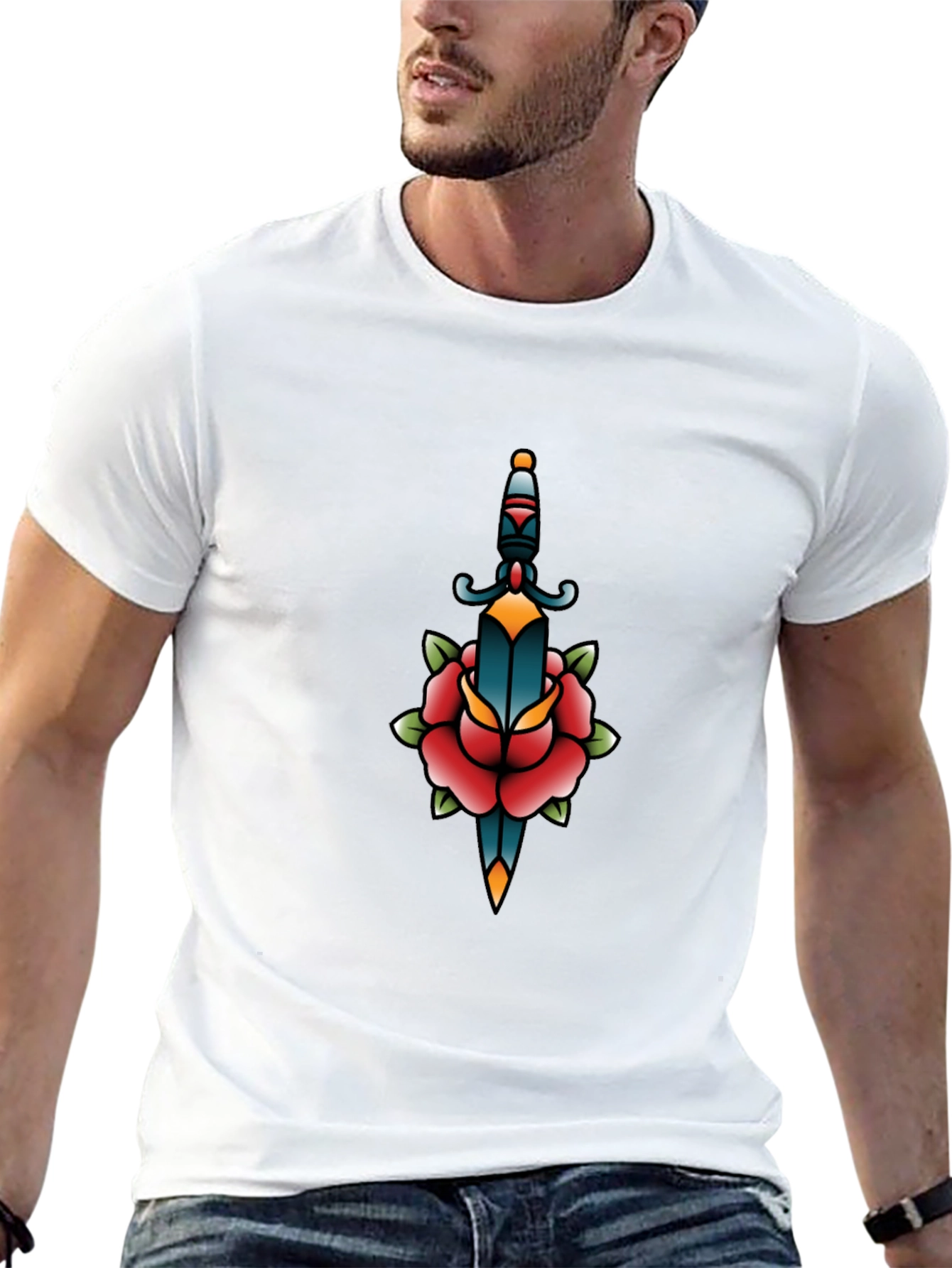 Black Graphic Tee - Dagger & Rose Tattoo Design