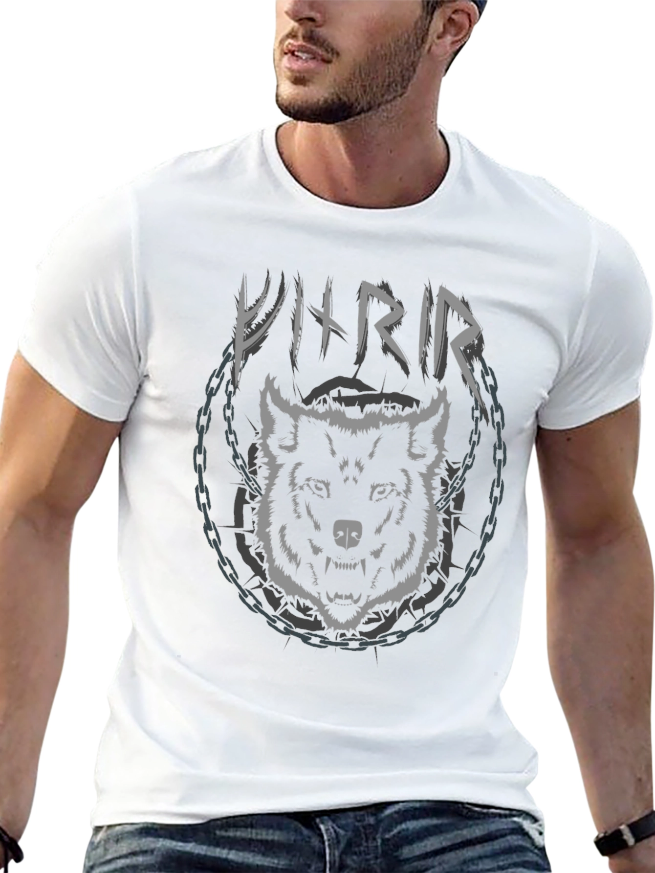 Viking Wolf Chain Graphic Black T-Shirt