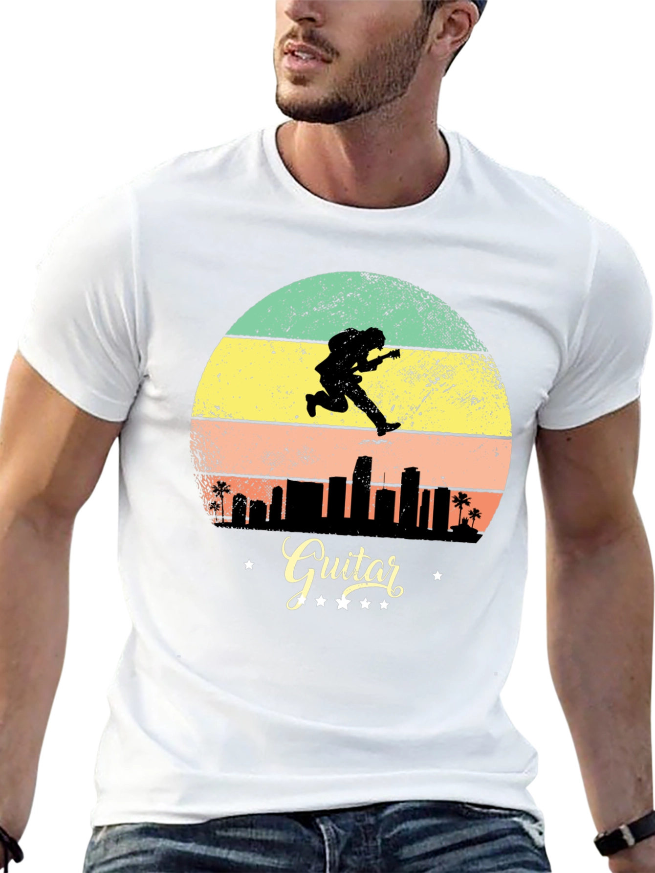 Retro Guitarist Cityscape Graphic Tee