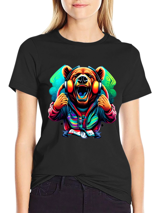 Bear DJ Graphic Tee - Black Cotton T-Shirt