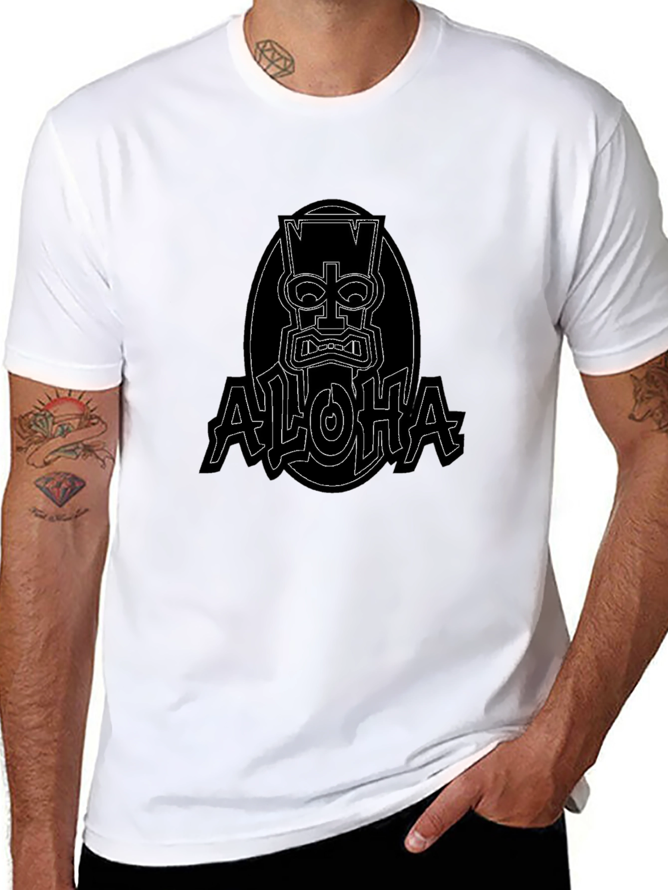 Aloha Tiki Graphic Tee - Black Cotton T-Shirt