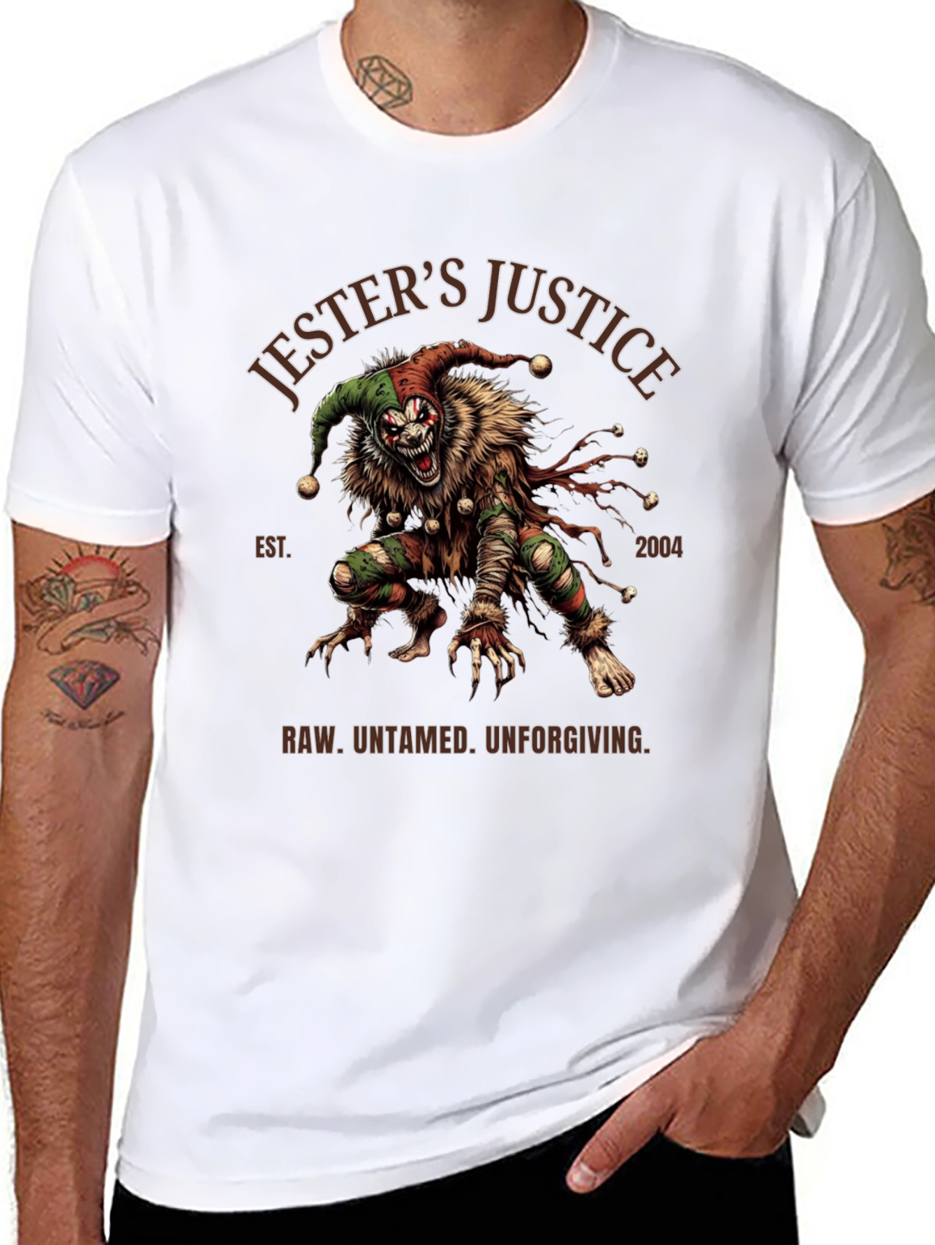Jesters Justice T-Shirt: Raw Untamed Unforgiving Design