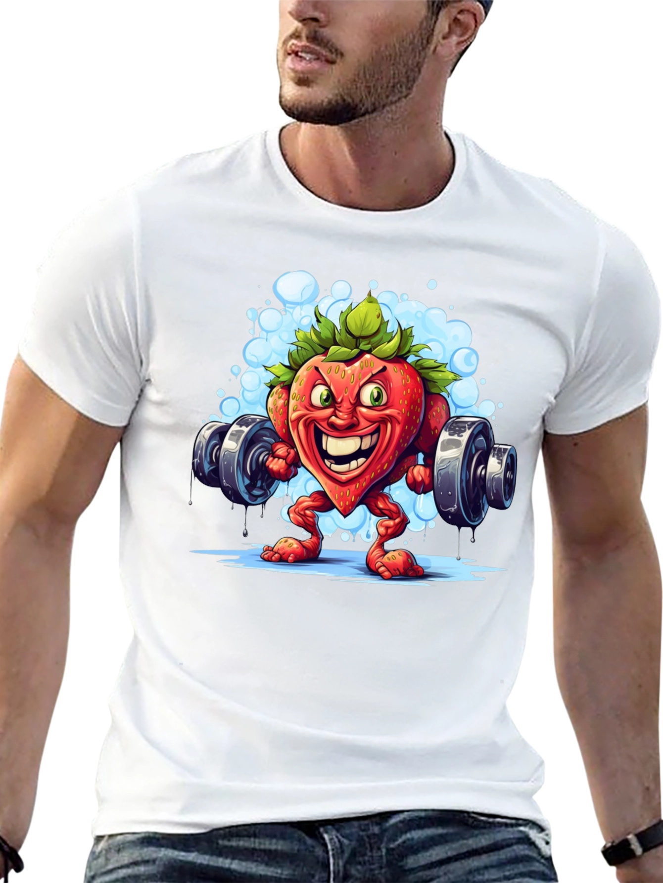 Strawberry Bodybuilder T-Shirt - Cartoon Fruit Gym Tee
