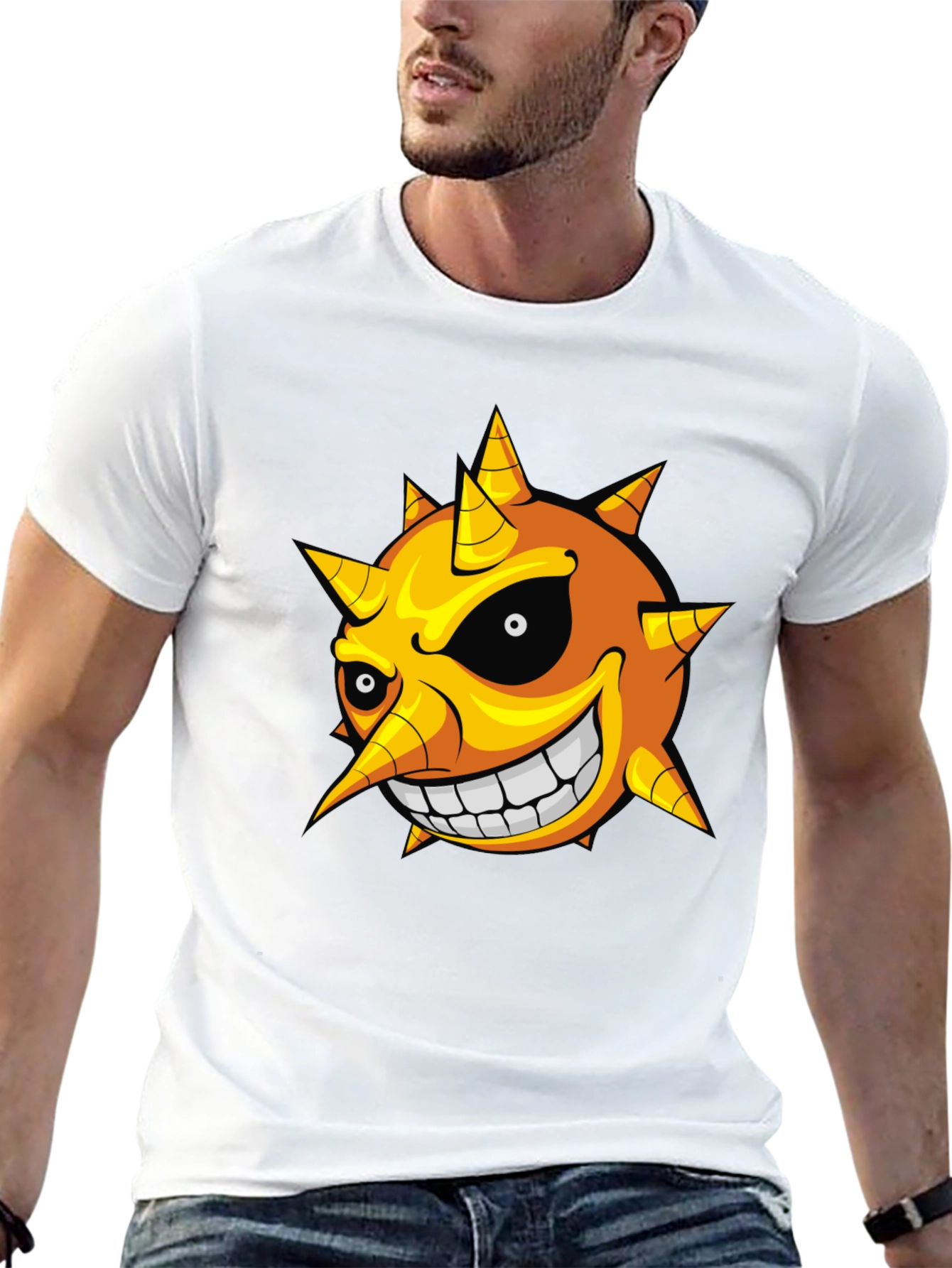 Mens Black T-Shirt with Cartoon Sun Graphic