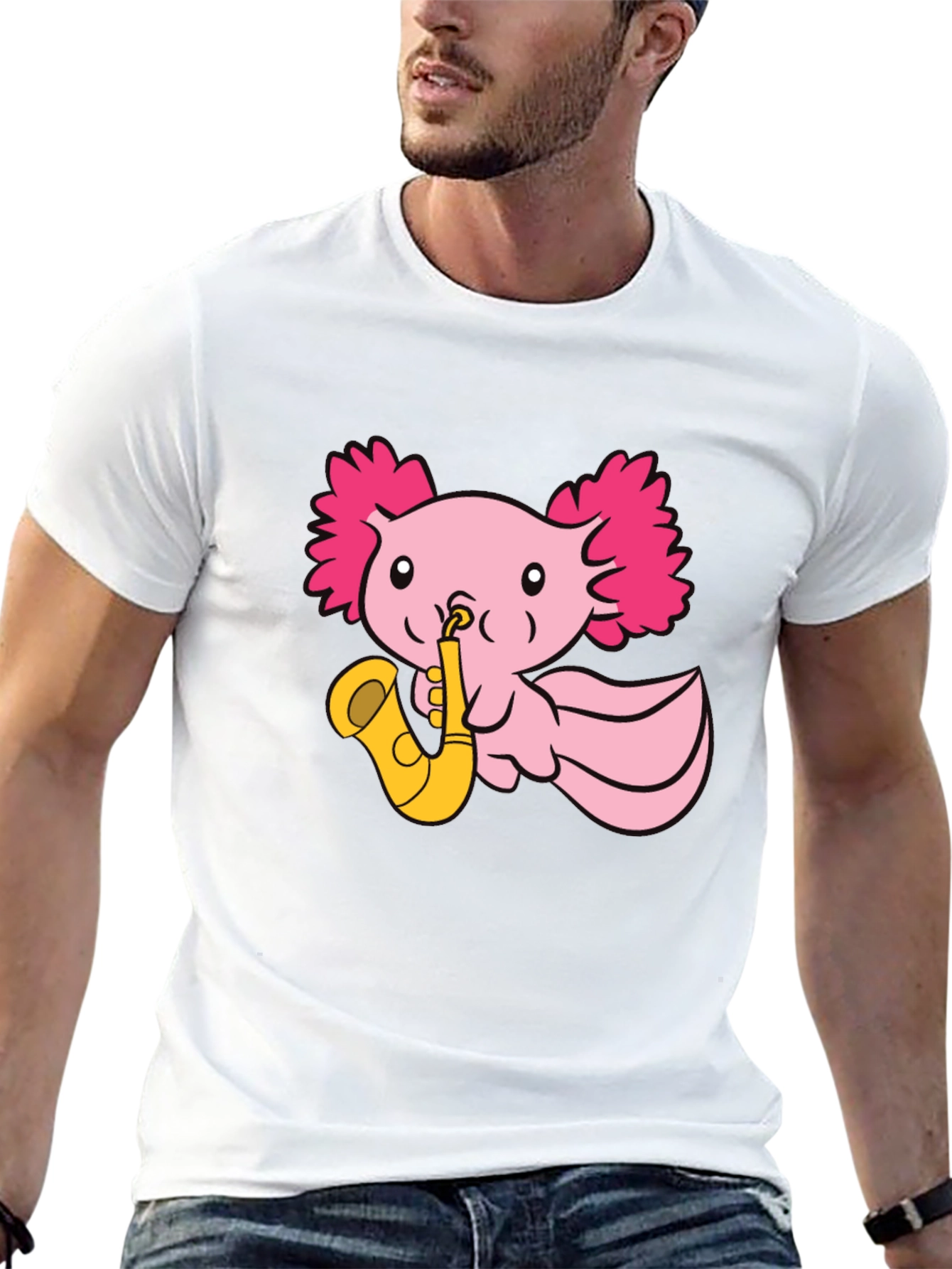 Axolotl Saxophone T-Shirt - Playful Pink Design