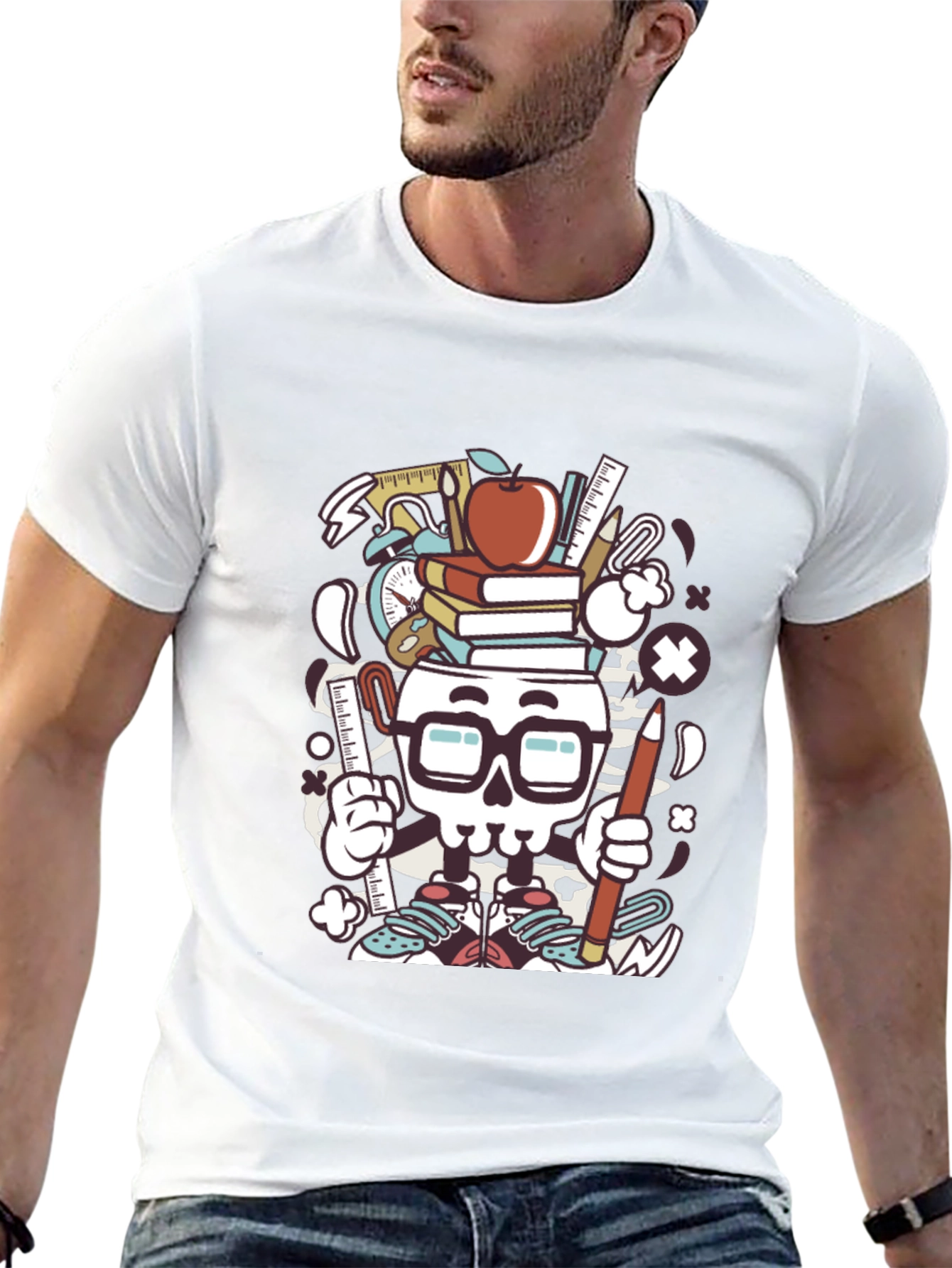 Black Graphic T-Shirt with School Supplies Skull