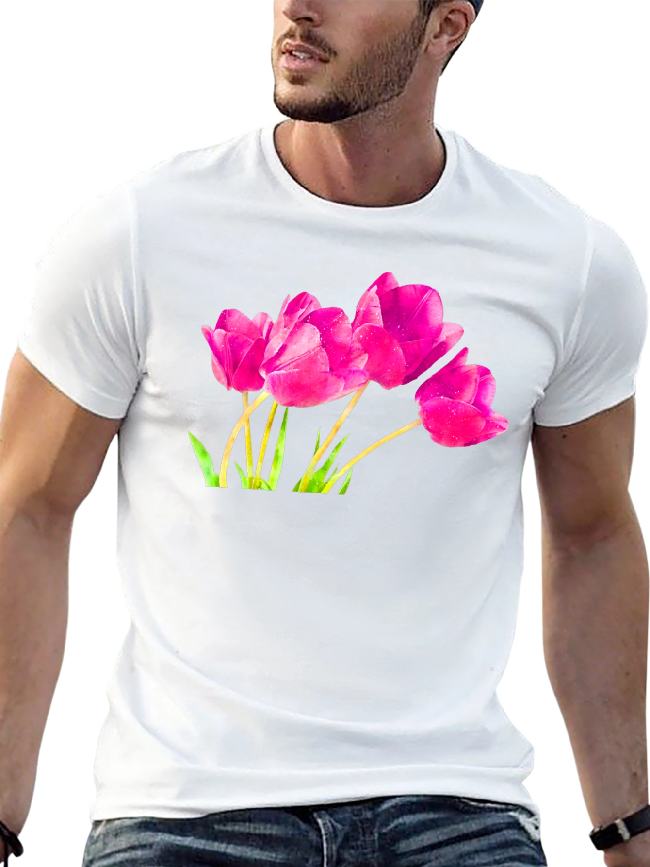 Pink Tulip Graphic Black T-Shirt