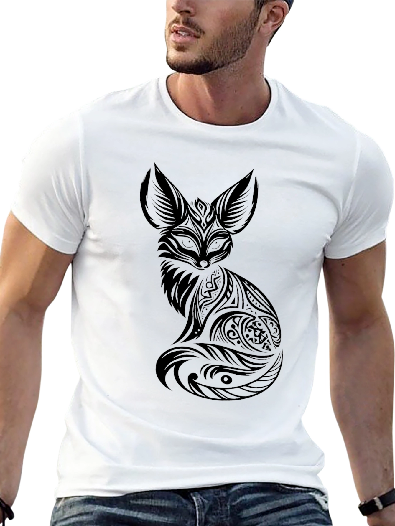 Tribal Fox Graphic Black T-Shirt - Cool Design