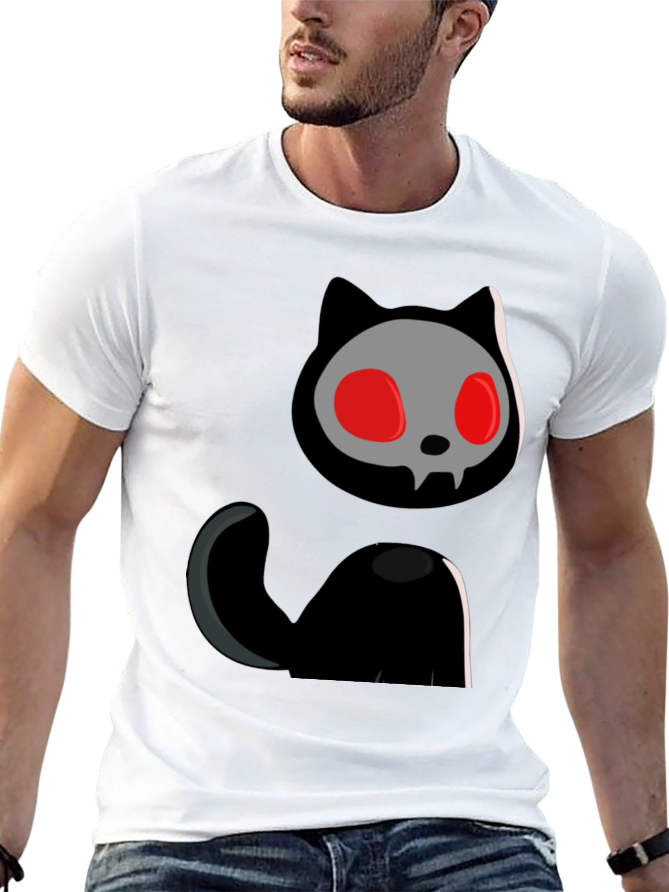 Skull Cat Graphic Tee - Black Cotton T-Shirt