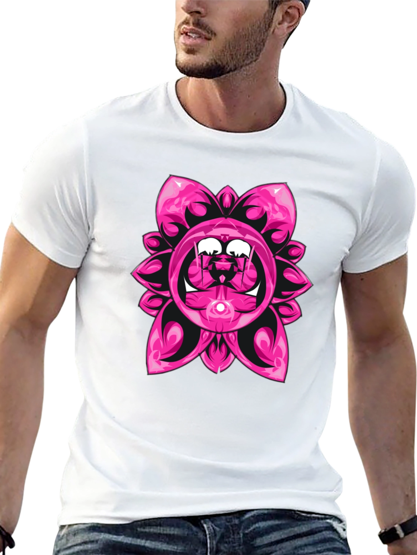 Pink Floral Graphic Black T-Shirt