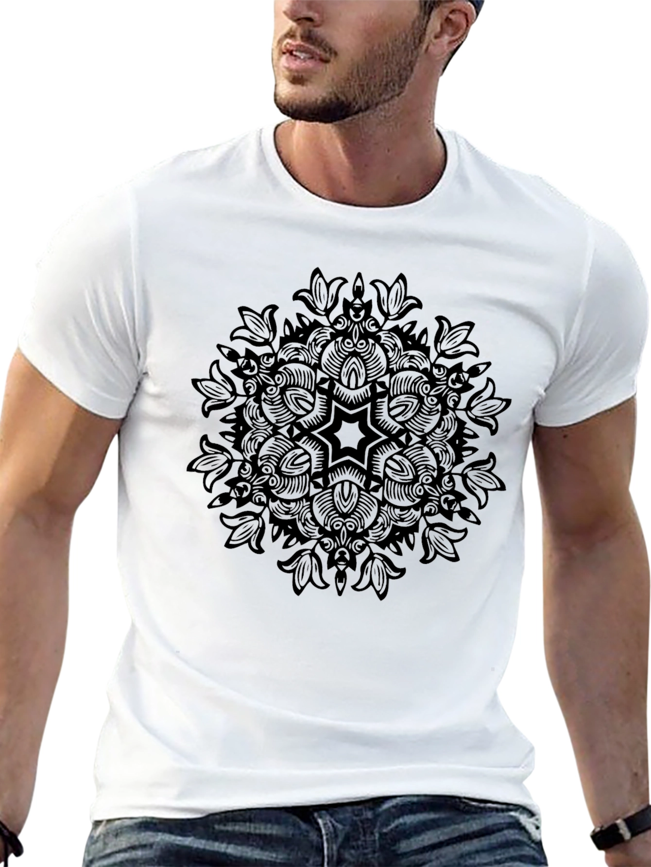 Mens Black Mandala Print Crew Neck T-Shirt