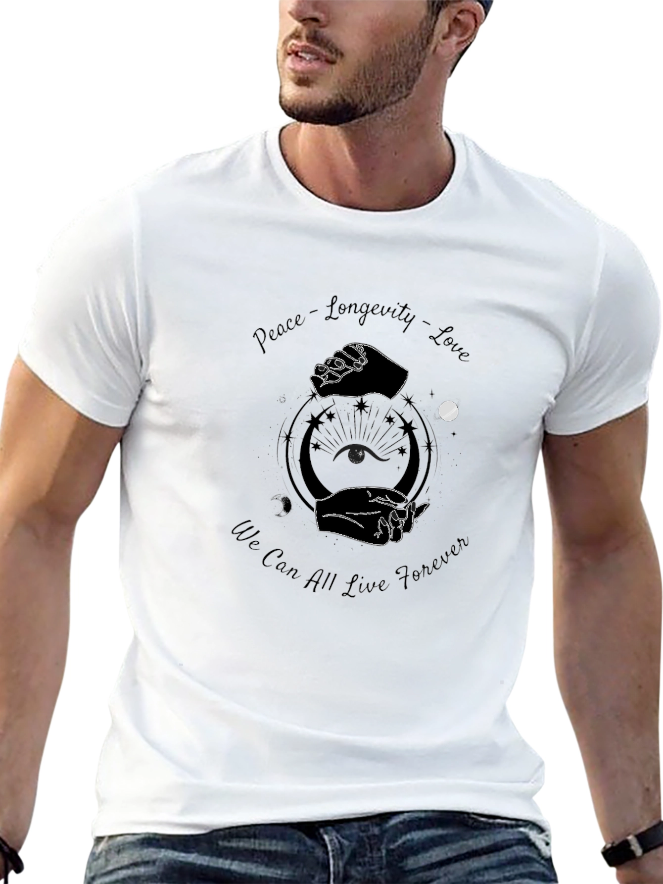 Peace Longevity Love Graphic Black T-Shirt