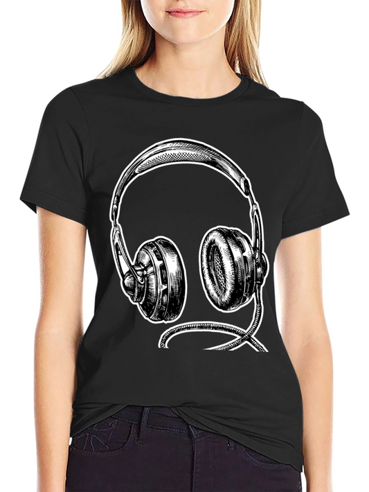 Black Graphic Tee - Headphone Sketch Design